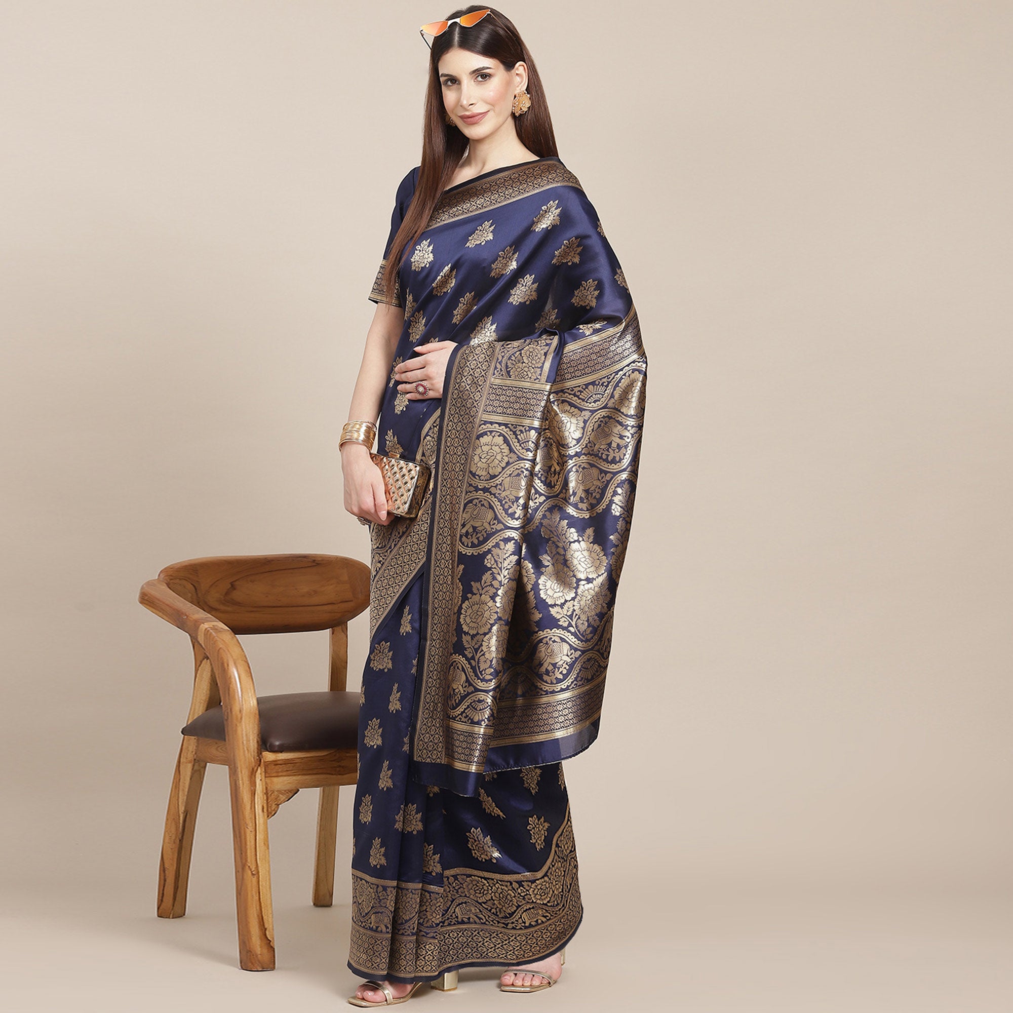 Navy Blue Woven Banarasi Silk Saree