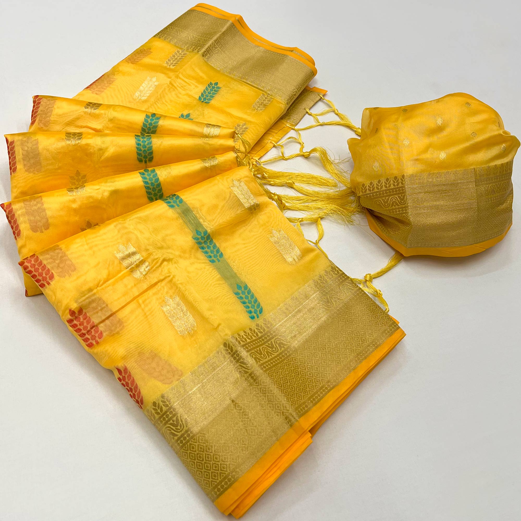 Yellow Floral Woven Organza Saree