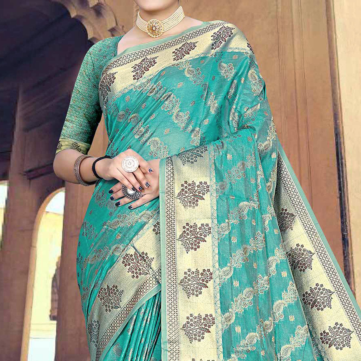 Rama Green Floral Woven Organza Saree