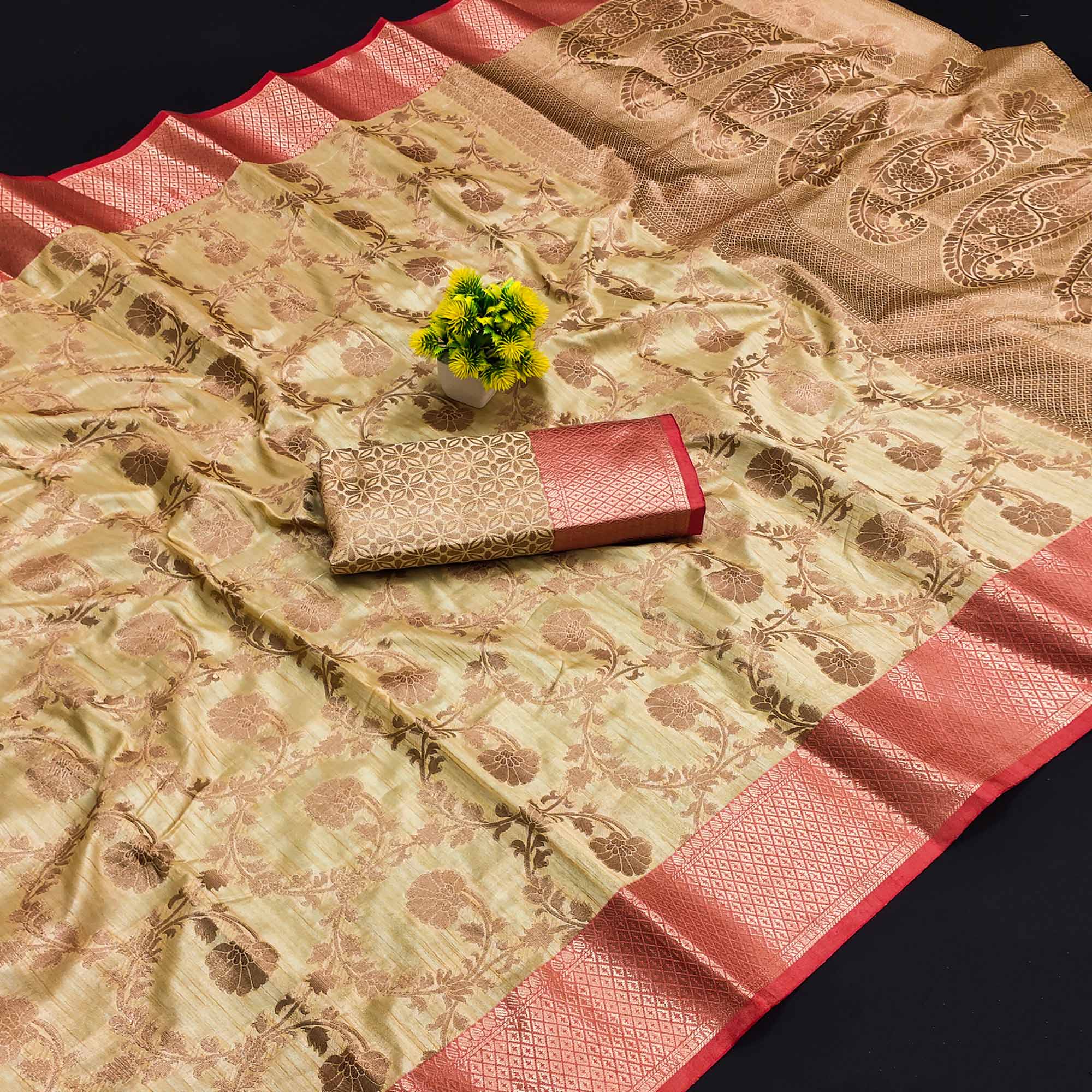 Beige Floral Woven Kanjivaram Silk Saree