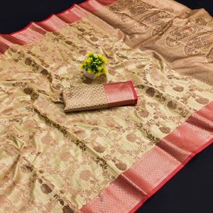 Beige Floral Woven Kanjivaram Silk Saree