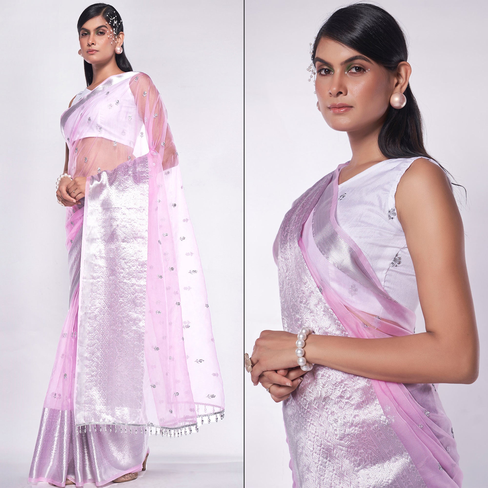 Light Pink Sequins Floral Embroidered Organza Saree