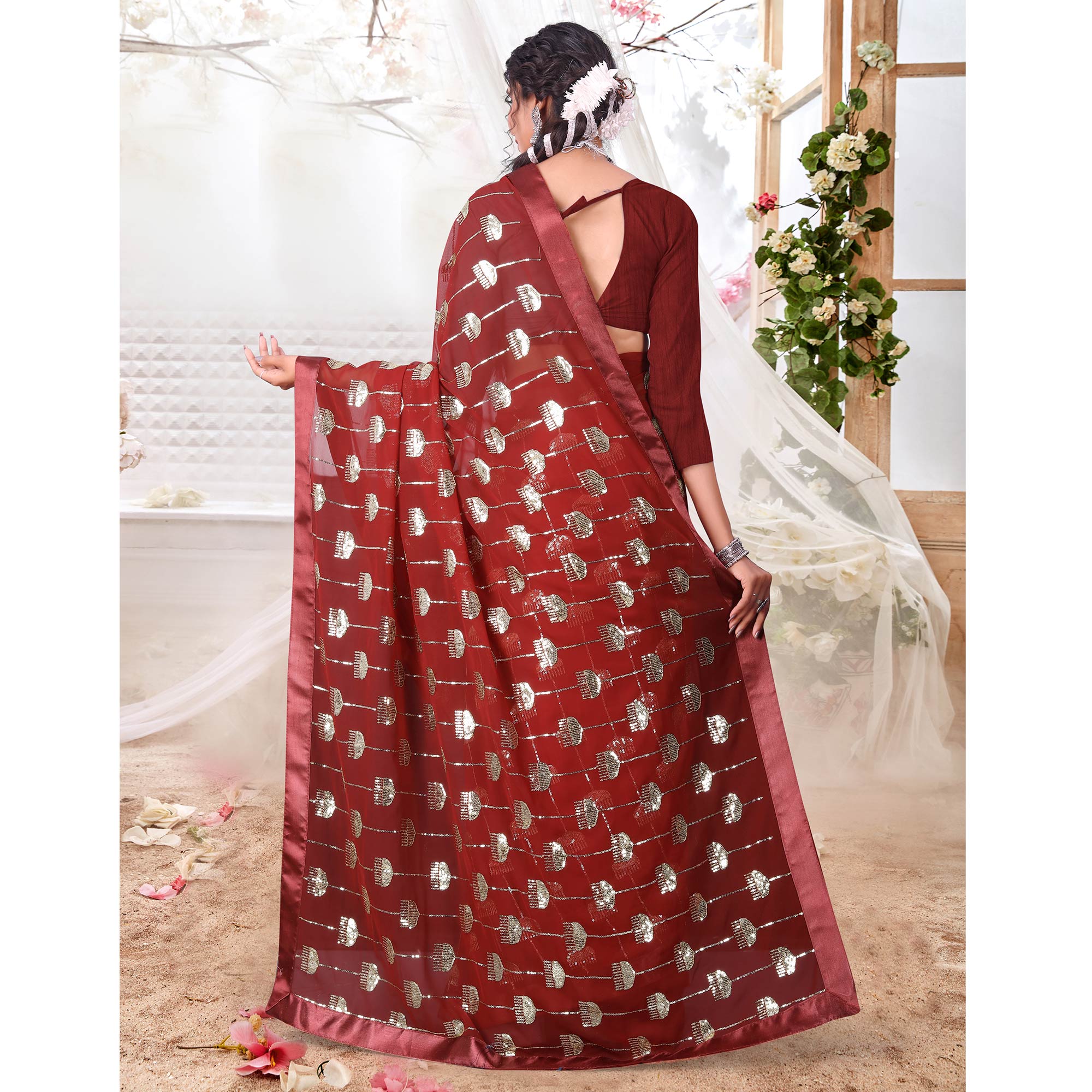 Maroon Sequins Embroidered Georgette Saree