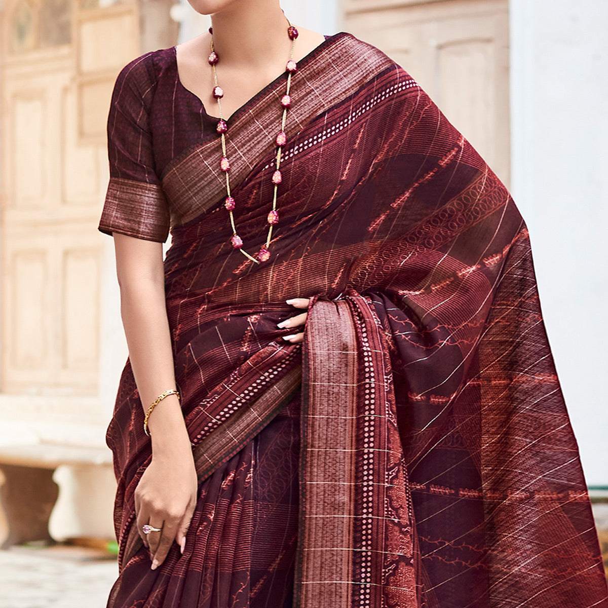 Wine Printed With Woven Border Cotton Saree