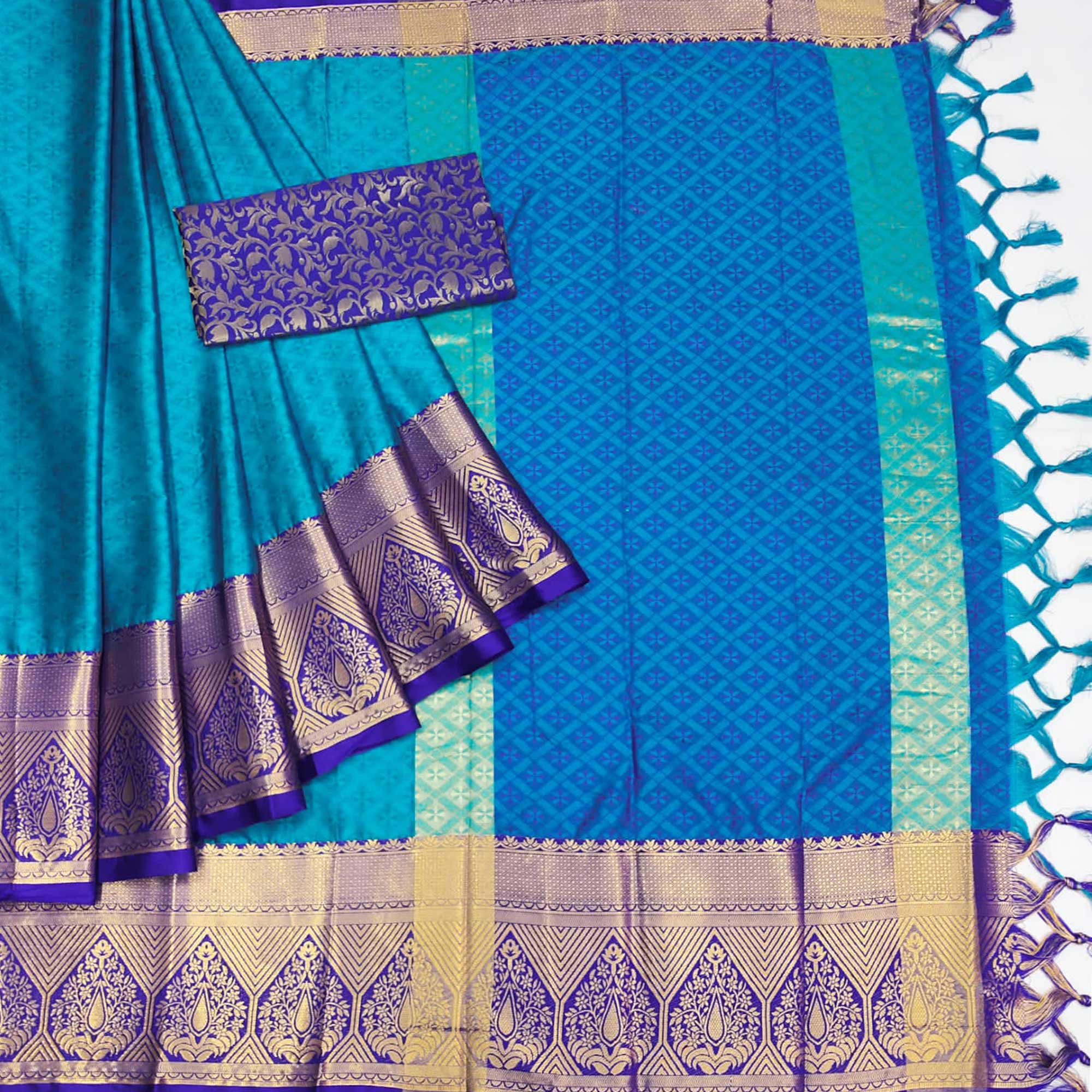 Blue Woven Cotton Silk Saree With Tassels
