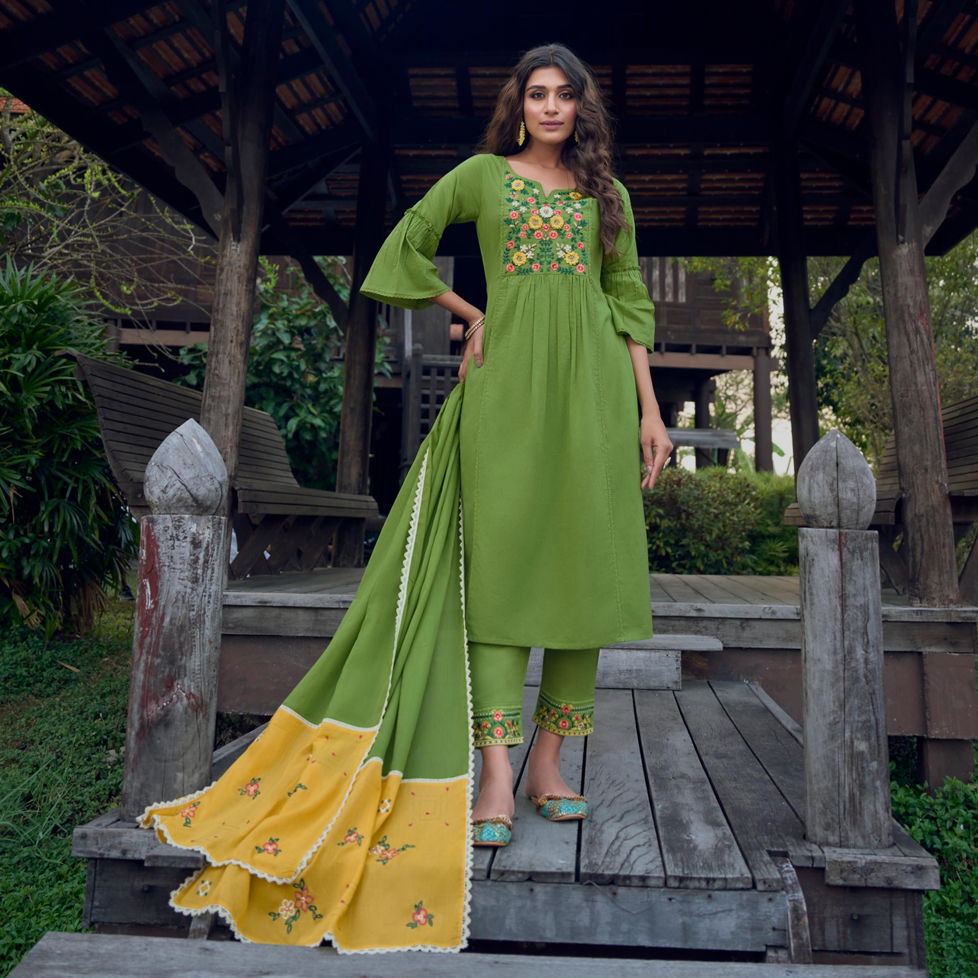 Green Embroidered Pure Cotton Suit