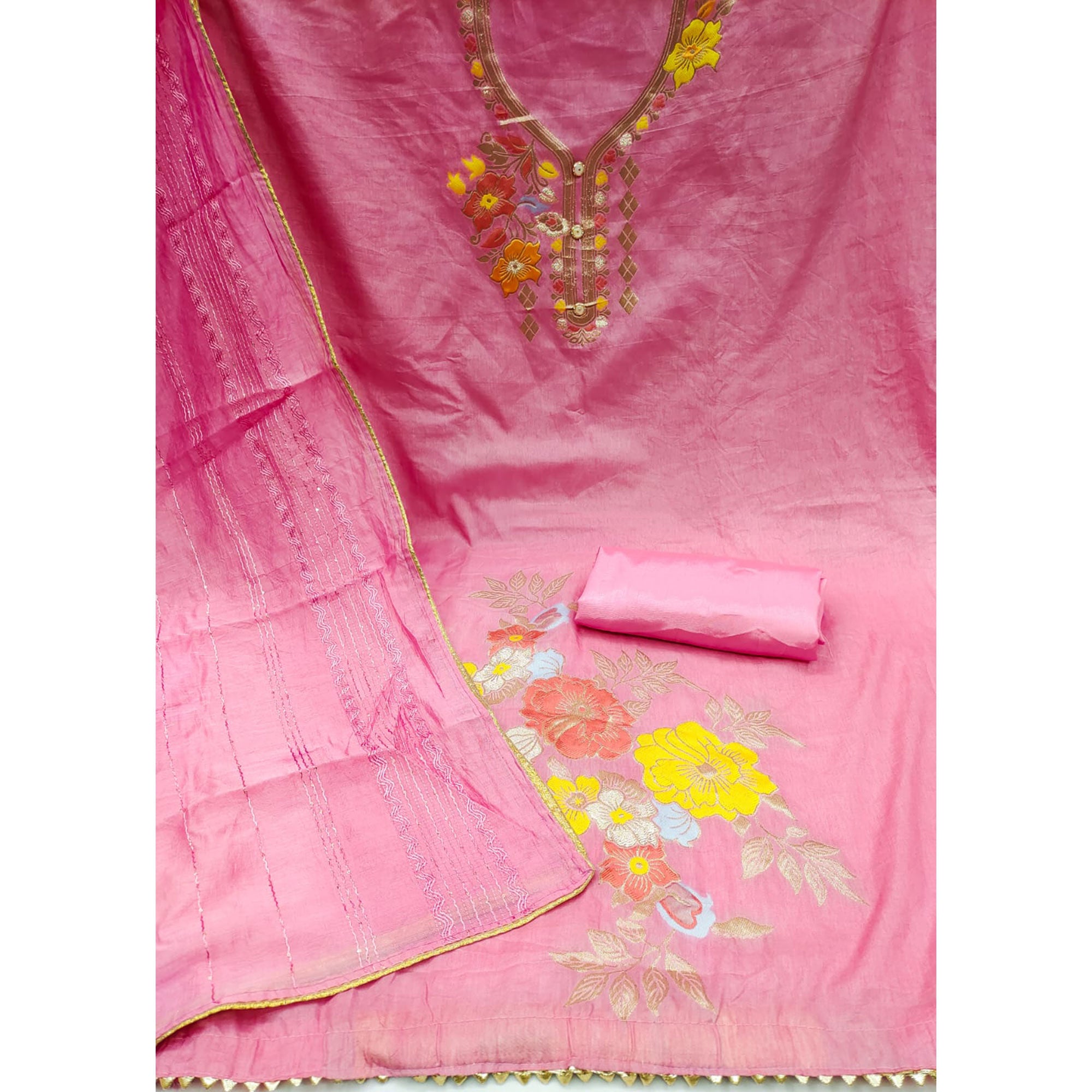 Pink Floral Woven Banarasi Silk Dress Material