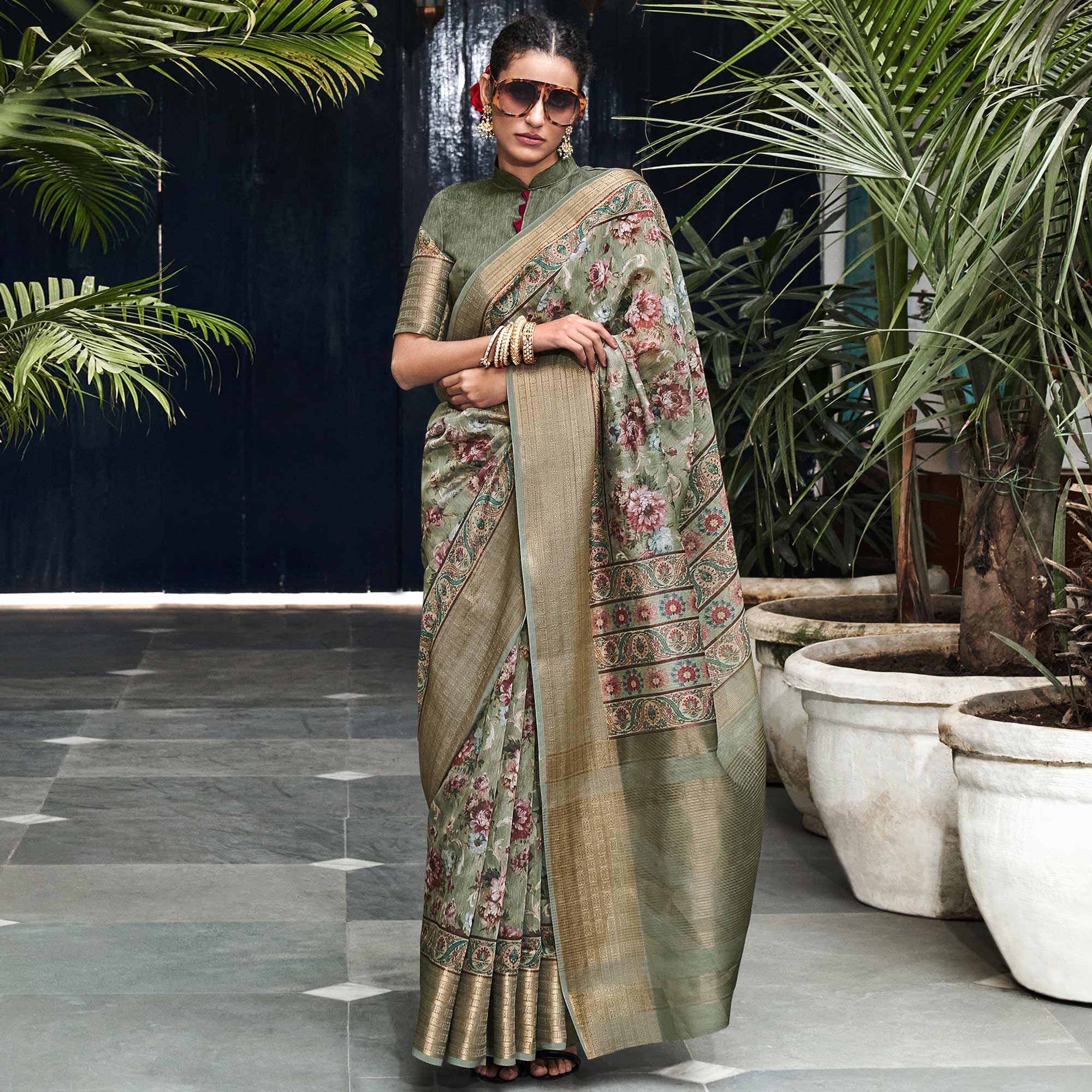 Green Digital Printed Linen Saree