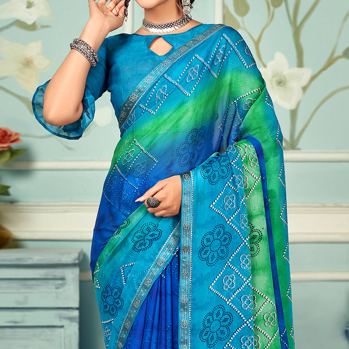 Firozi Blue Digital Bandhani Printed Chiffon Saree With Tassels