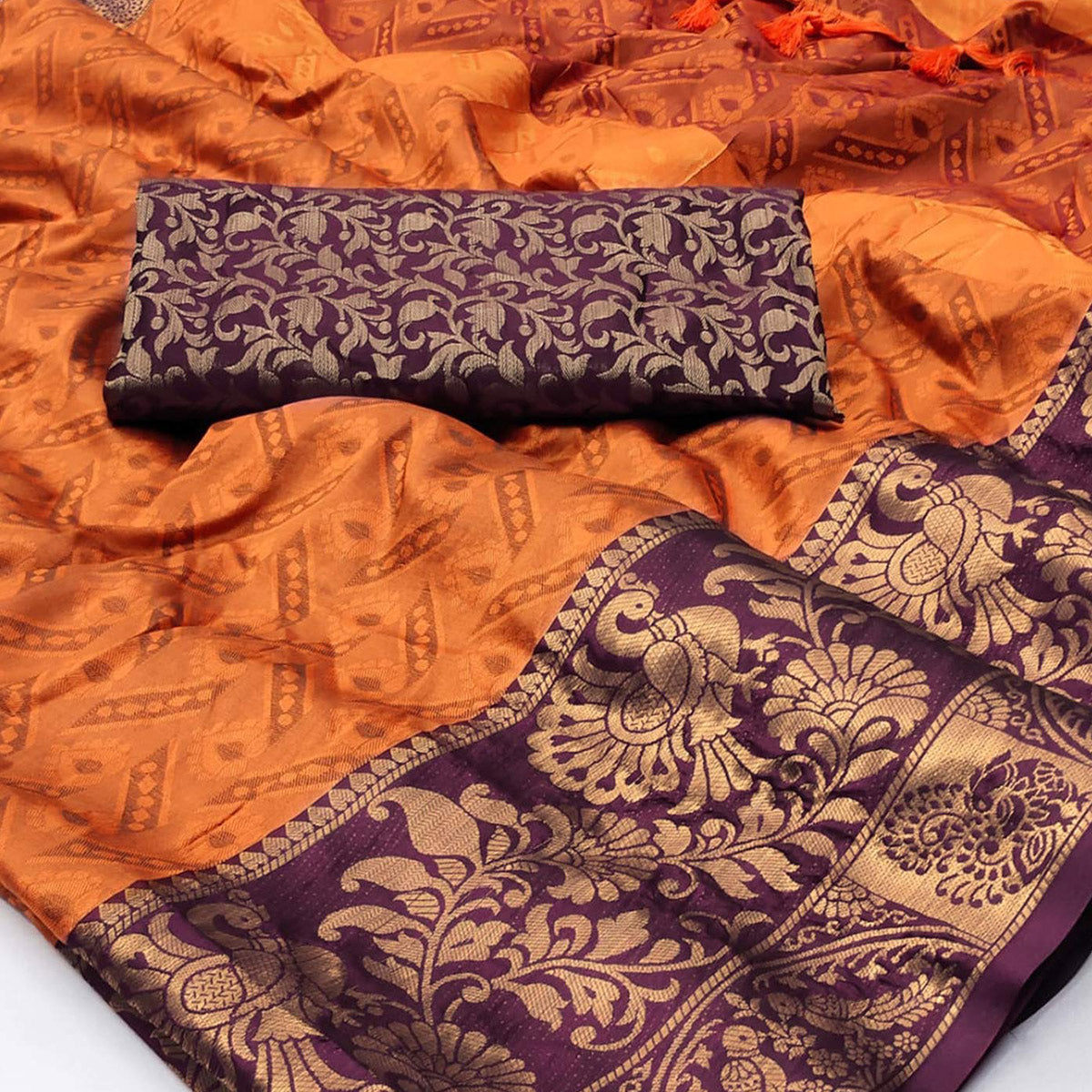 Orange Woven Cotton Silk Saree With Tassels