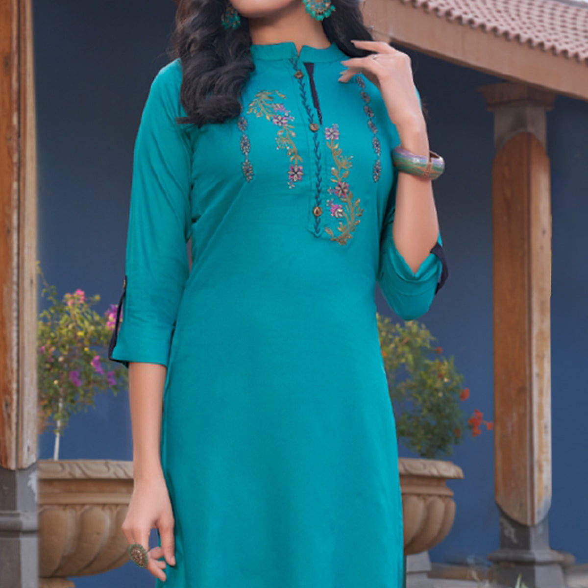 Rama Blue Embroidered Rayon Kurti