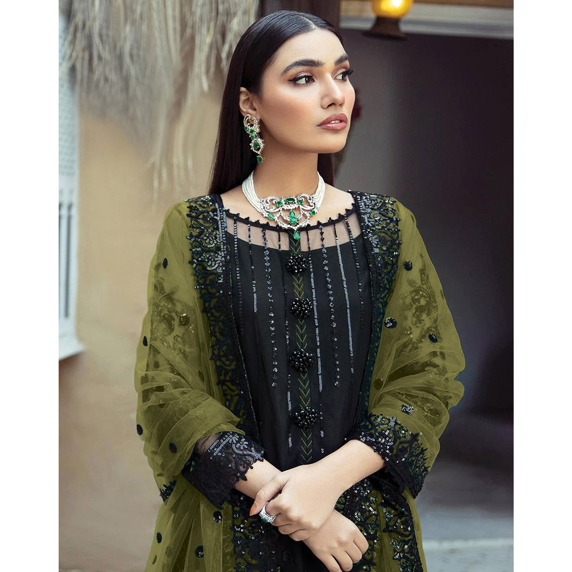 Black Floral Sequins Embroidered Georgette Pakistani Suit