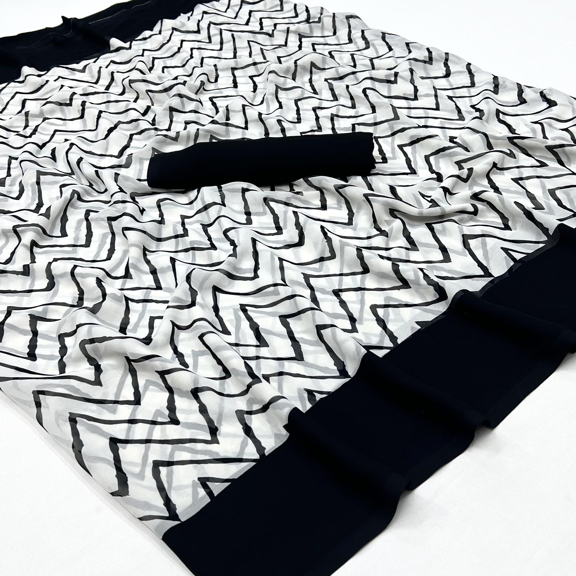 White And Black Printed Georgette Saree