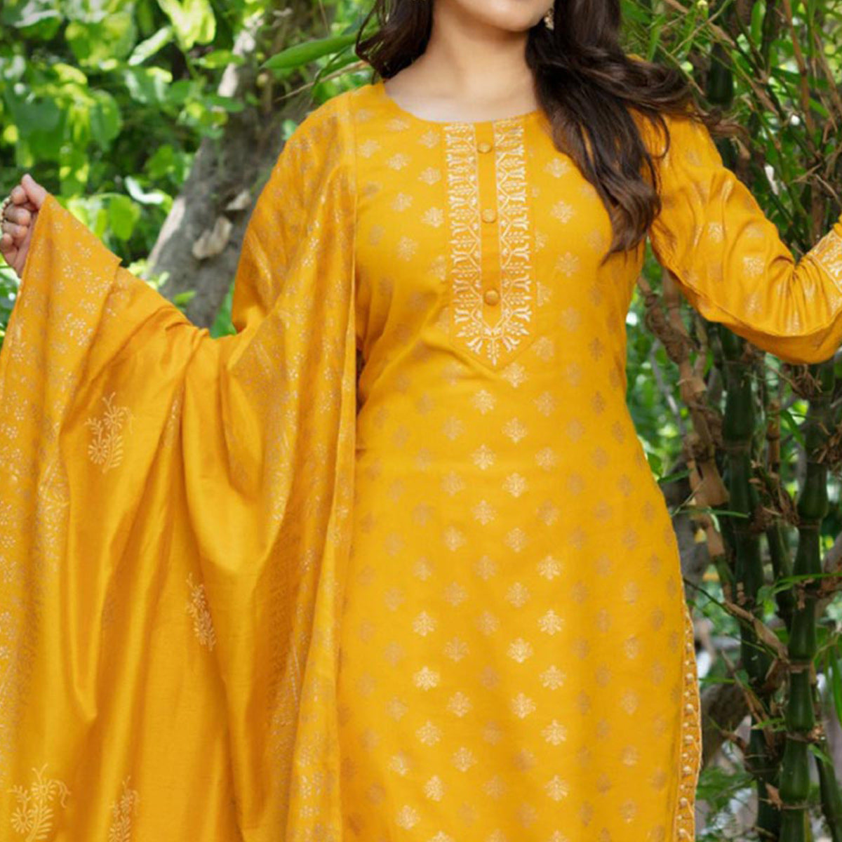 Yellow Printed Rayon Salwar Suit