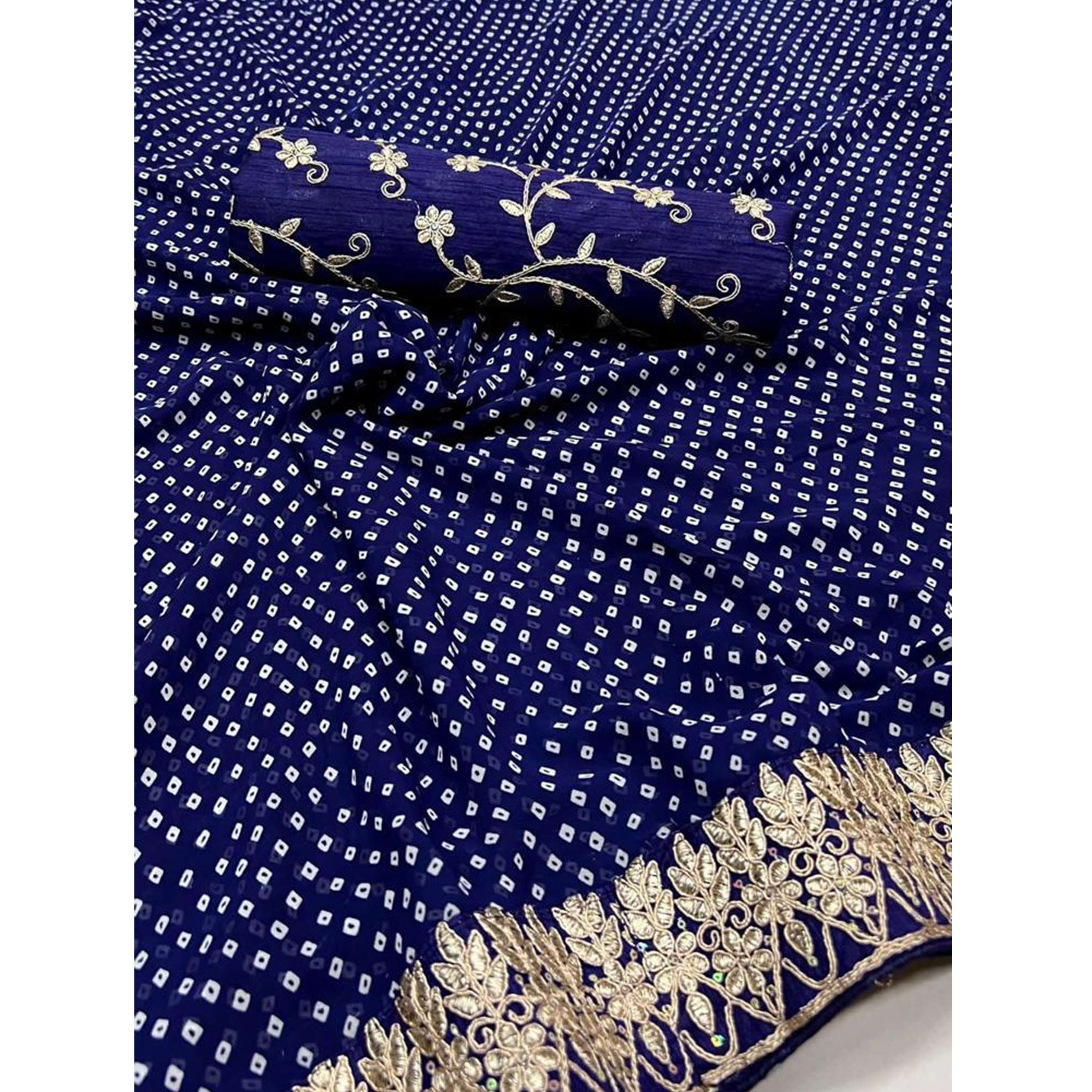 Navy Blue Bandhani Printed With Embroidered Border Georgette Saree