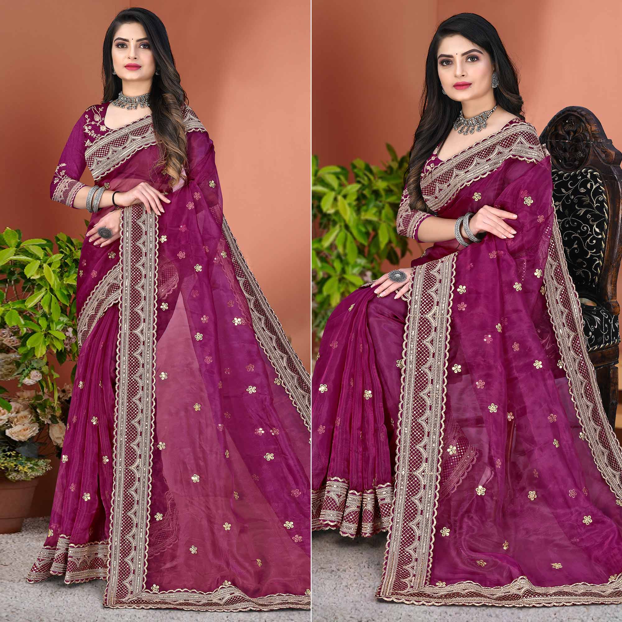 Purple Sequence Emroidered Organza Saree