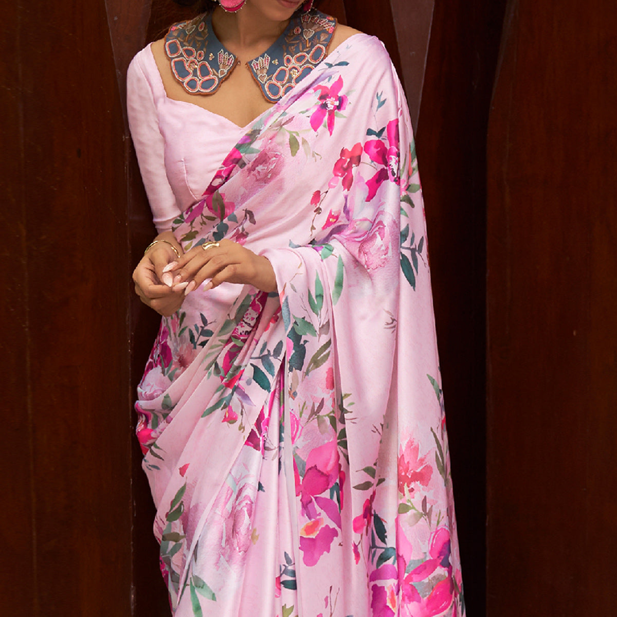 Pink Floral Digital Printed Satin Saree