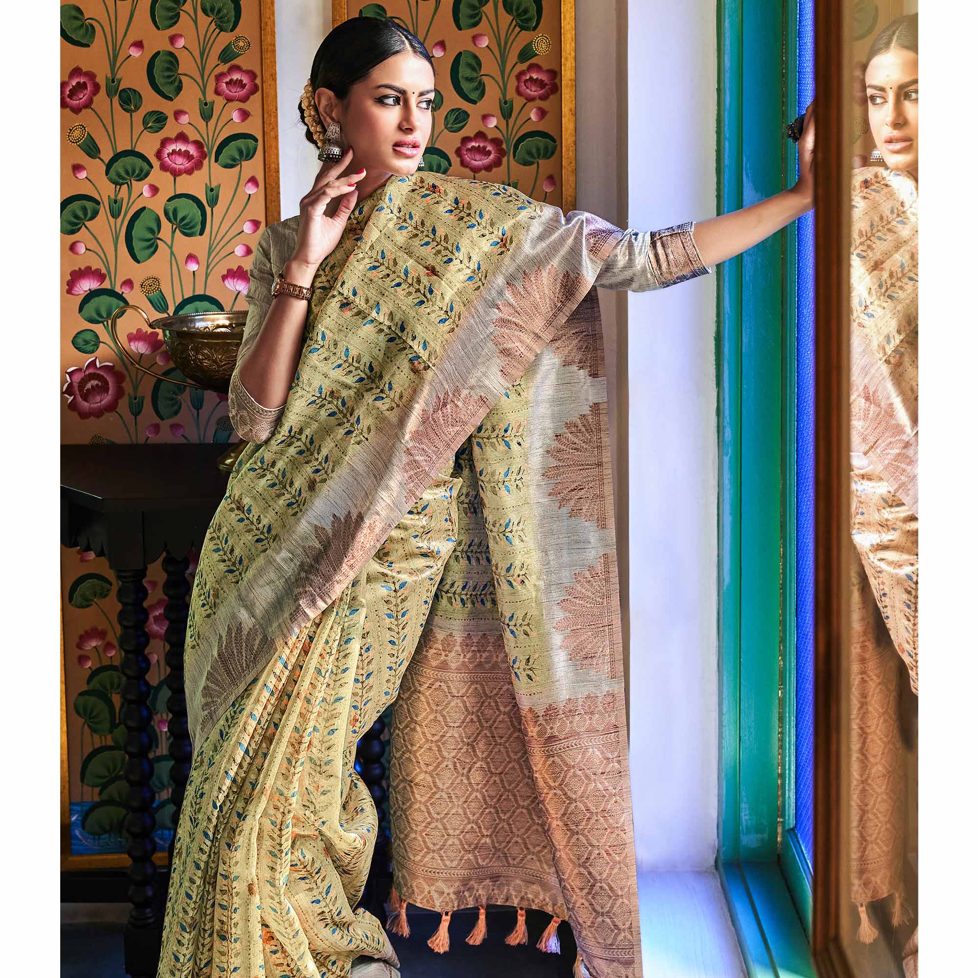 Green Digital Printed Raw Silk Saree With Tassels