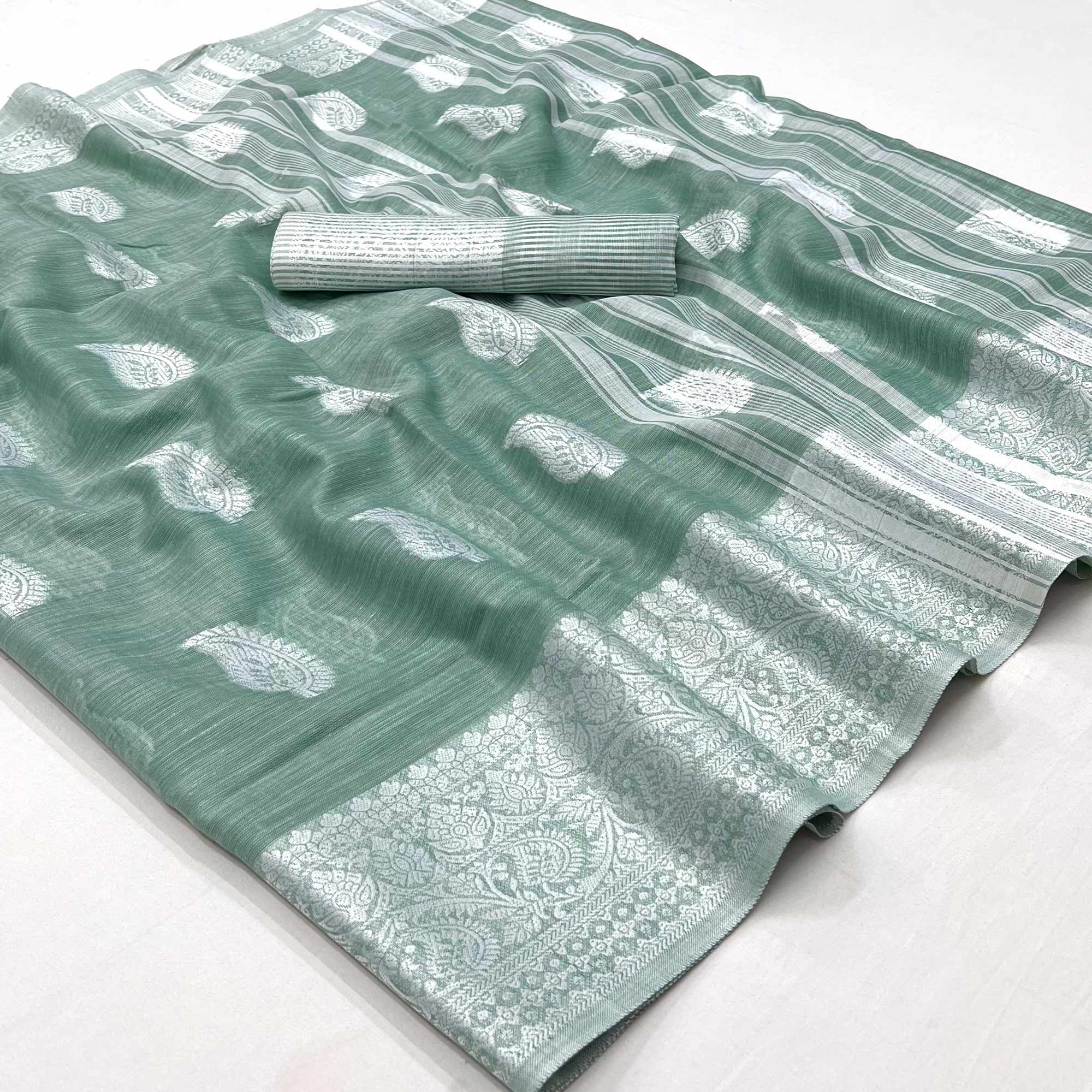 Green Woven Linen Saree