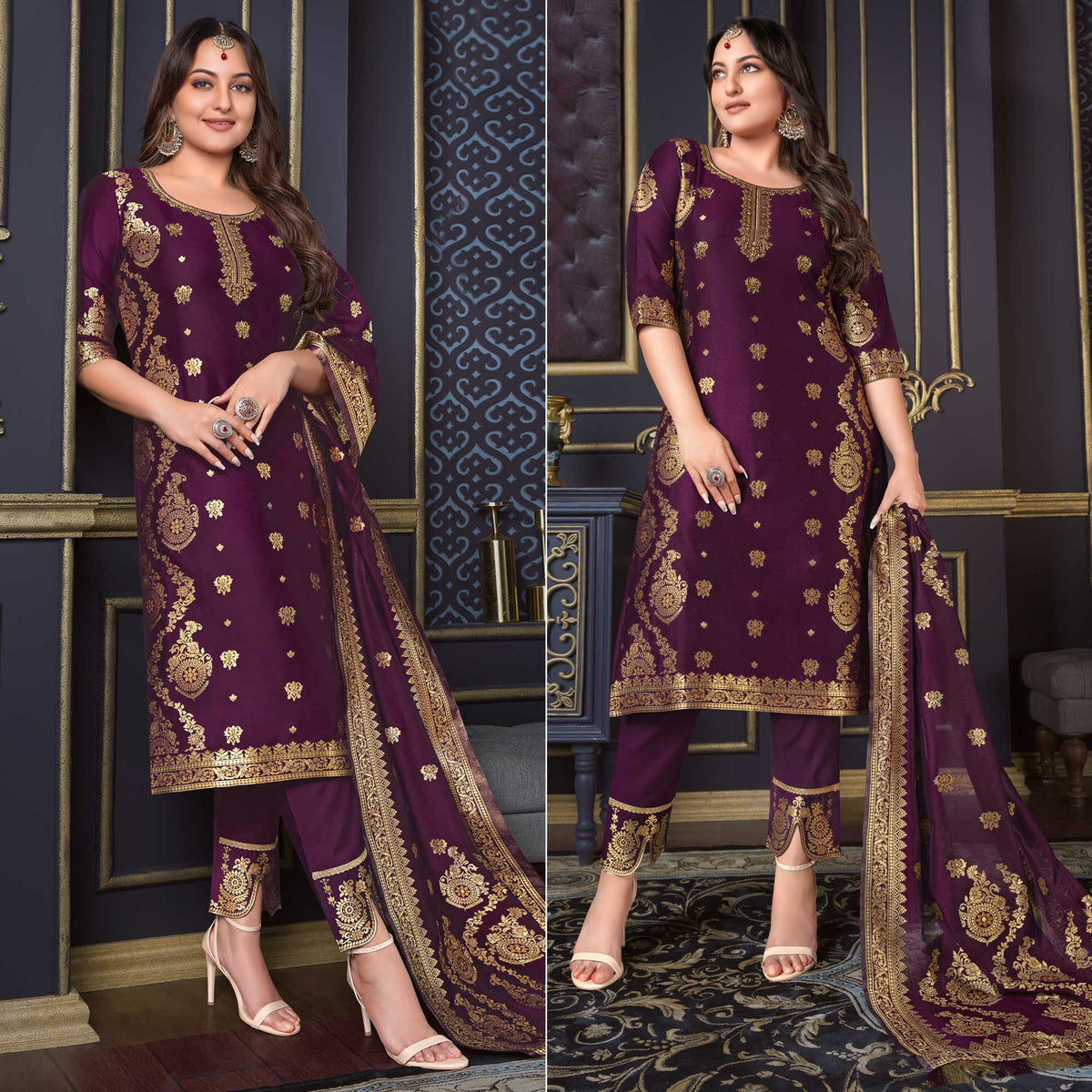 Purple Woven Banarasi Silk Salwar Suit