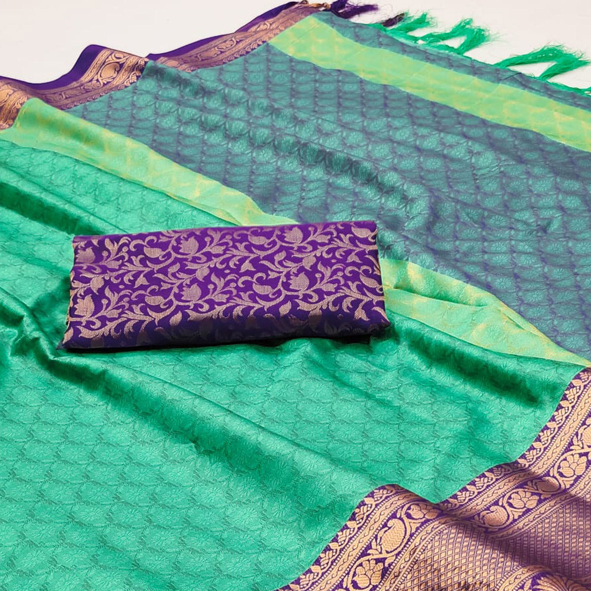 Light Rama Green Printed And Woven Cotton Silk Saree With Tassels