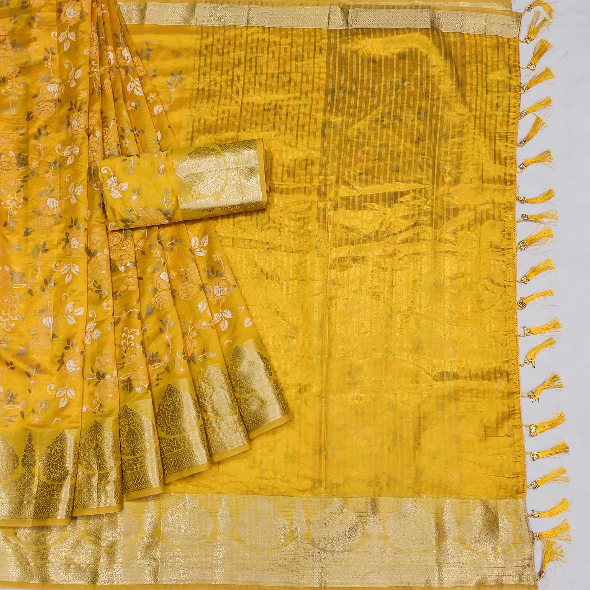 Yellow Woven Organza Saree With Tassels