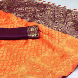 Orange Woven Banarasi Silk Saree With Tassels