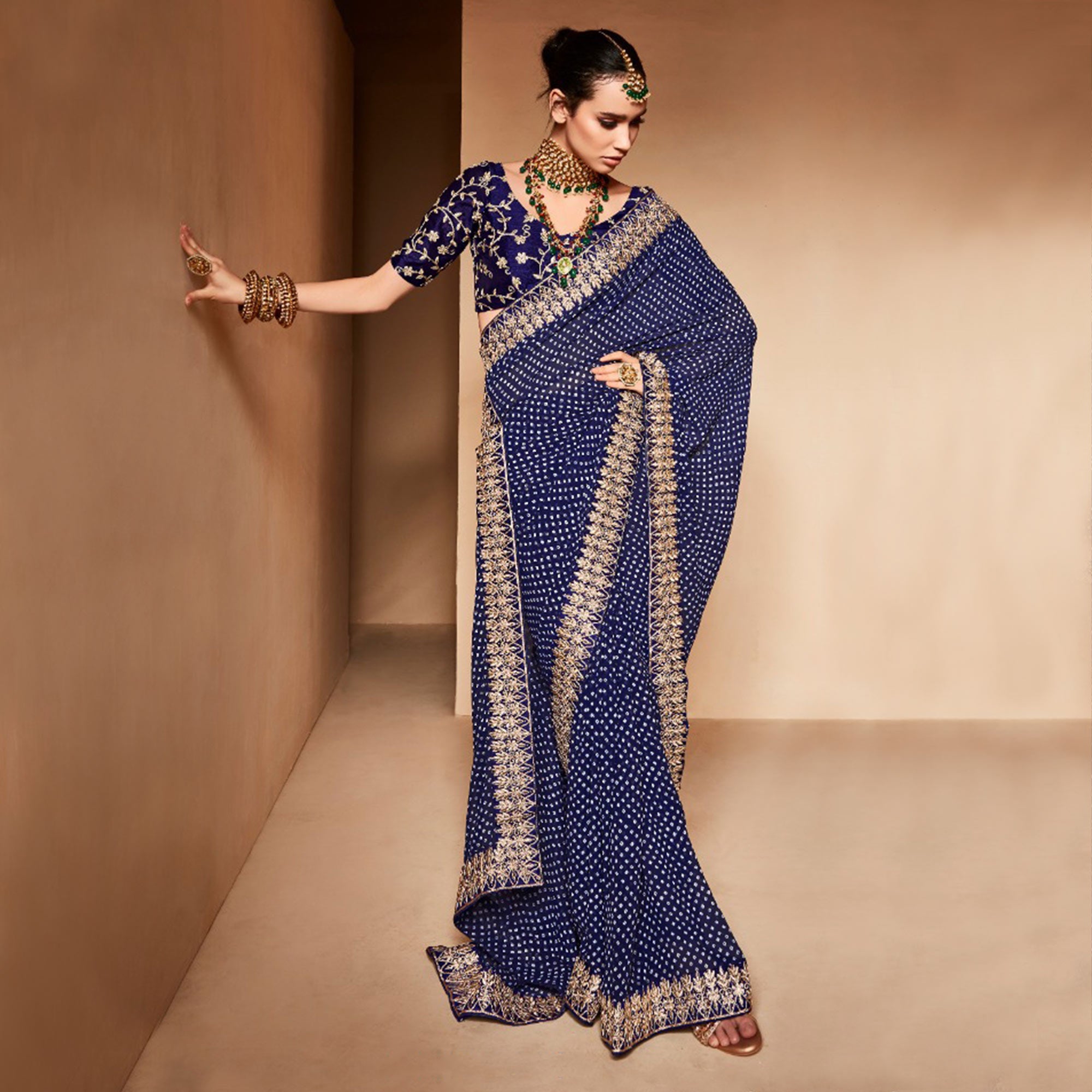 Navy Blue Bandhani Printed With Embroidered Border Georgette Saree