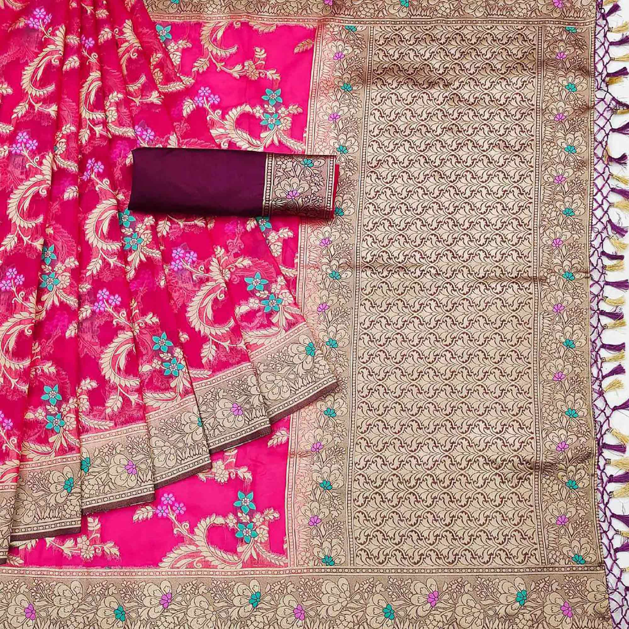 Pink Floral Woven Organza Saree With Tassels