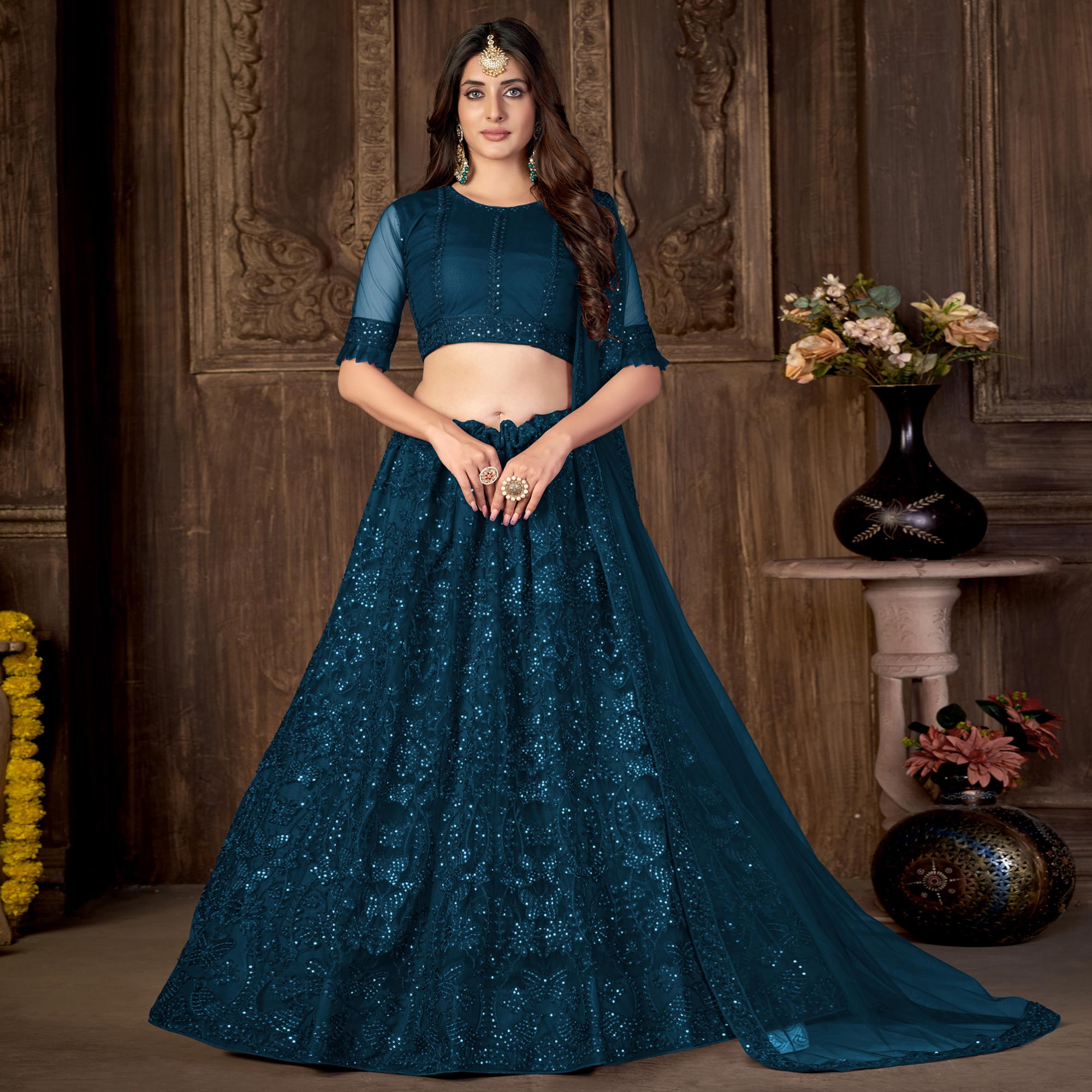 Teal Blue Sequins Embroidered Netted Lehenga Choli