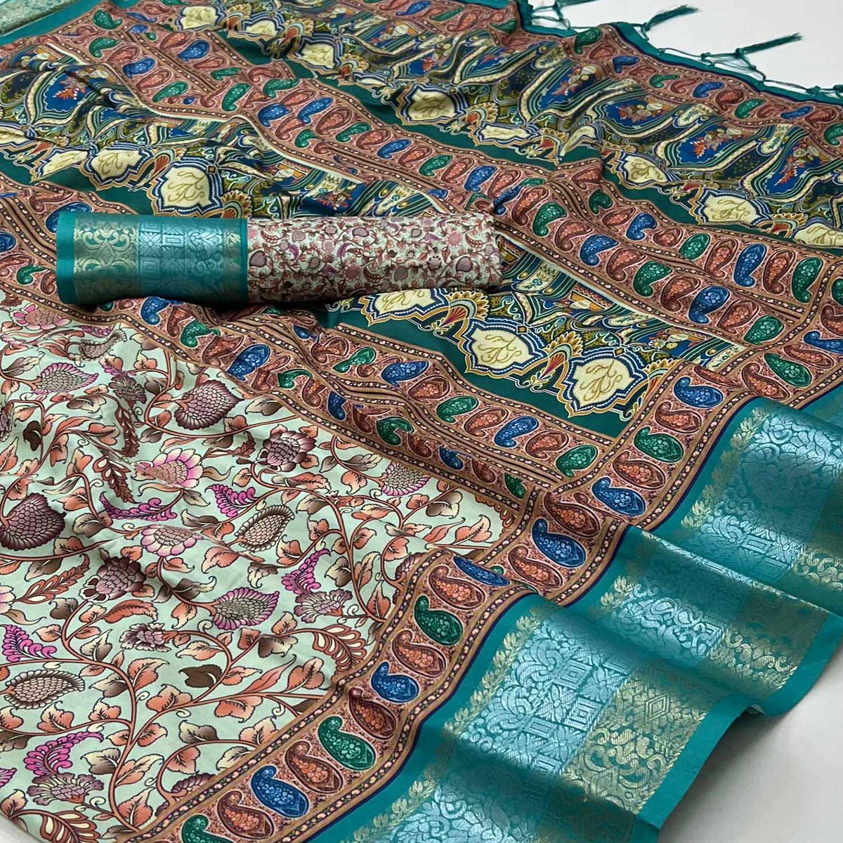 Blue Floral Digital Printed Pure Cotton Saree