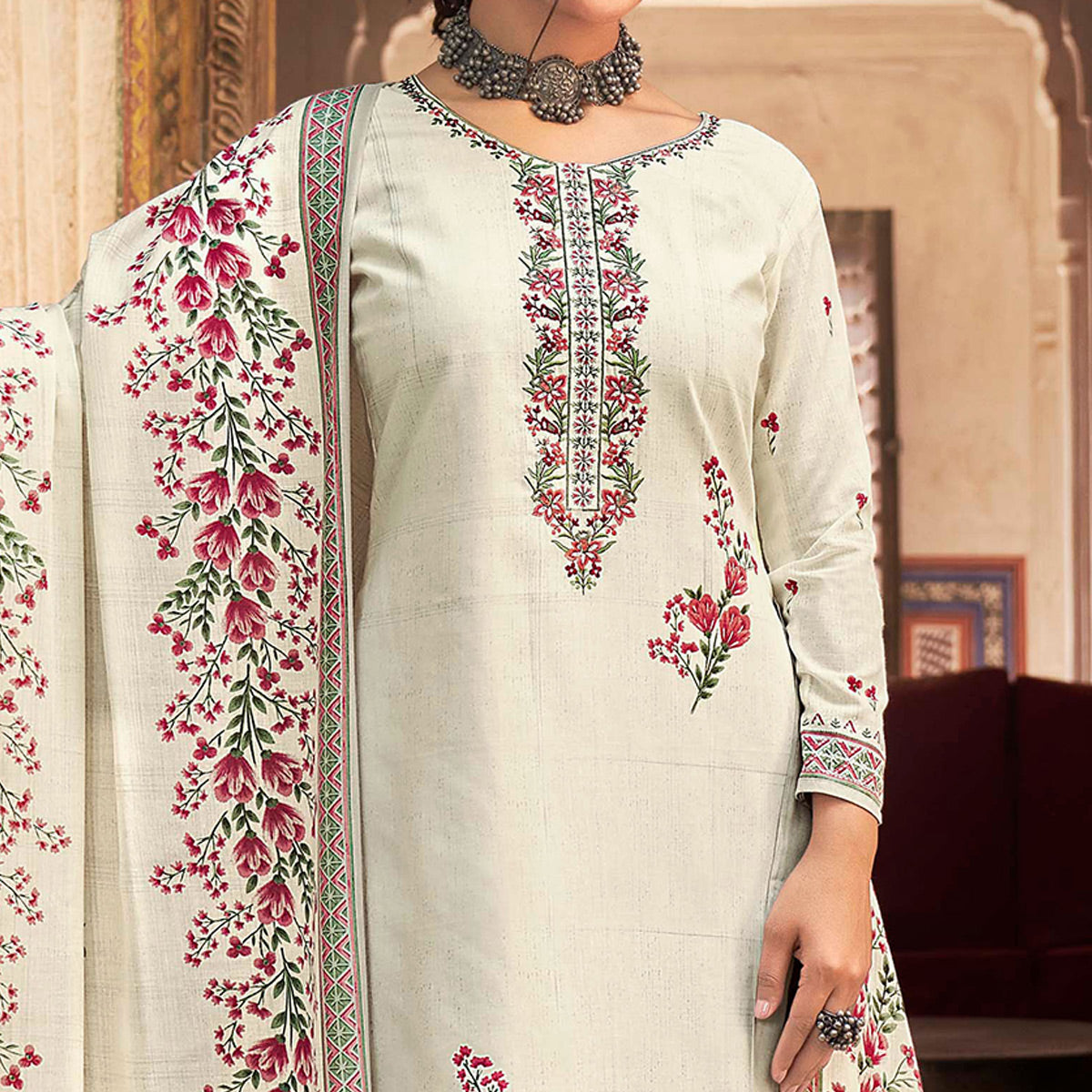 Offwhite Floral Printed With Embroidered Pure Cotton Palazzo Suit