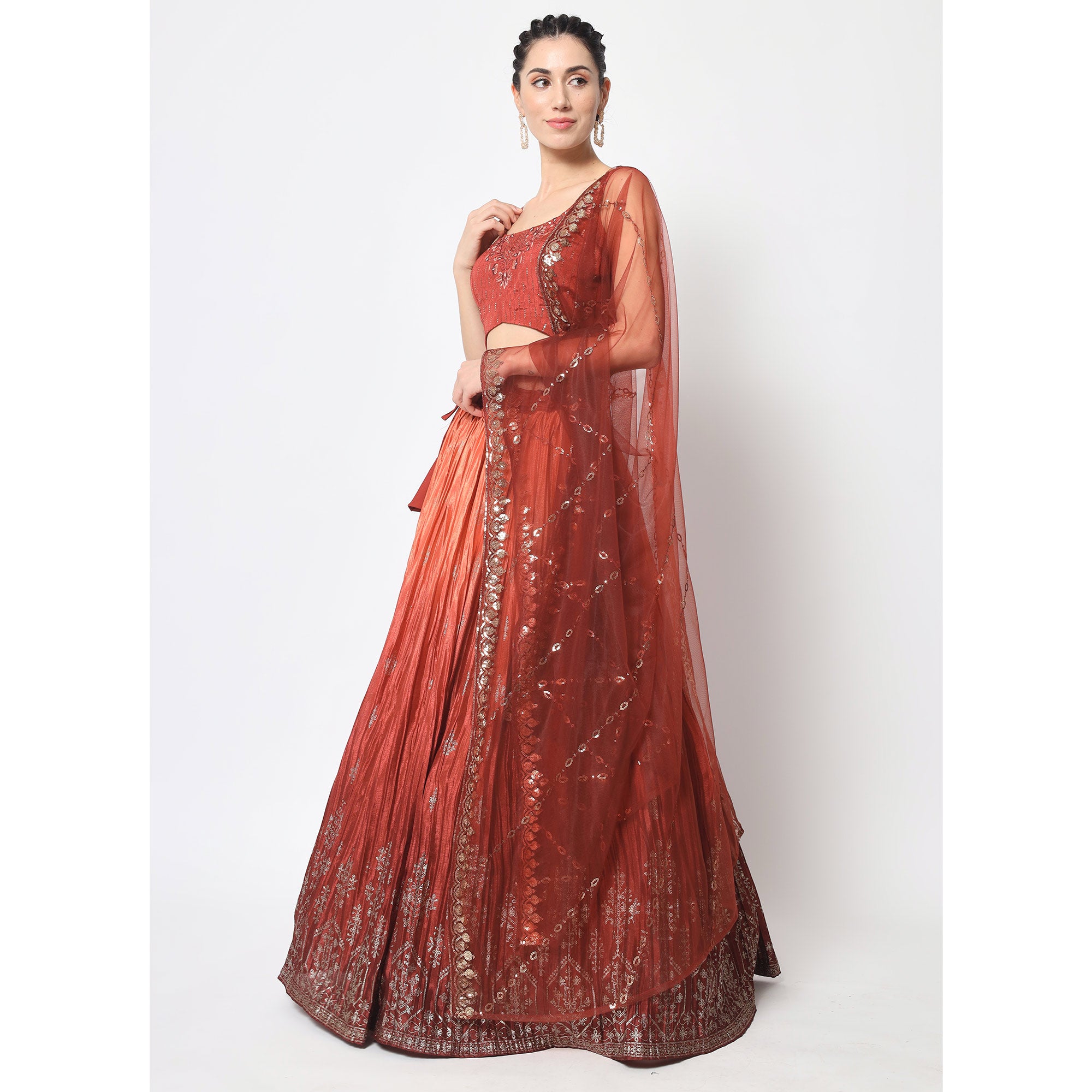 Peach Foil Printed Chiffon Lehenga Choli
