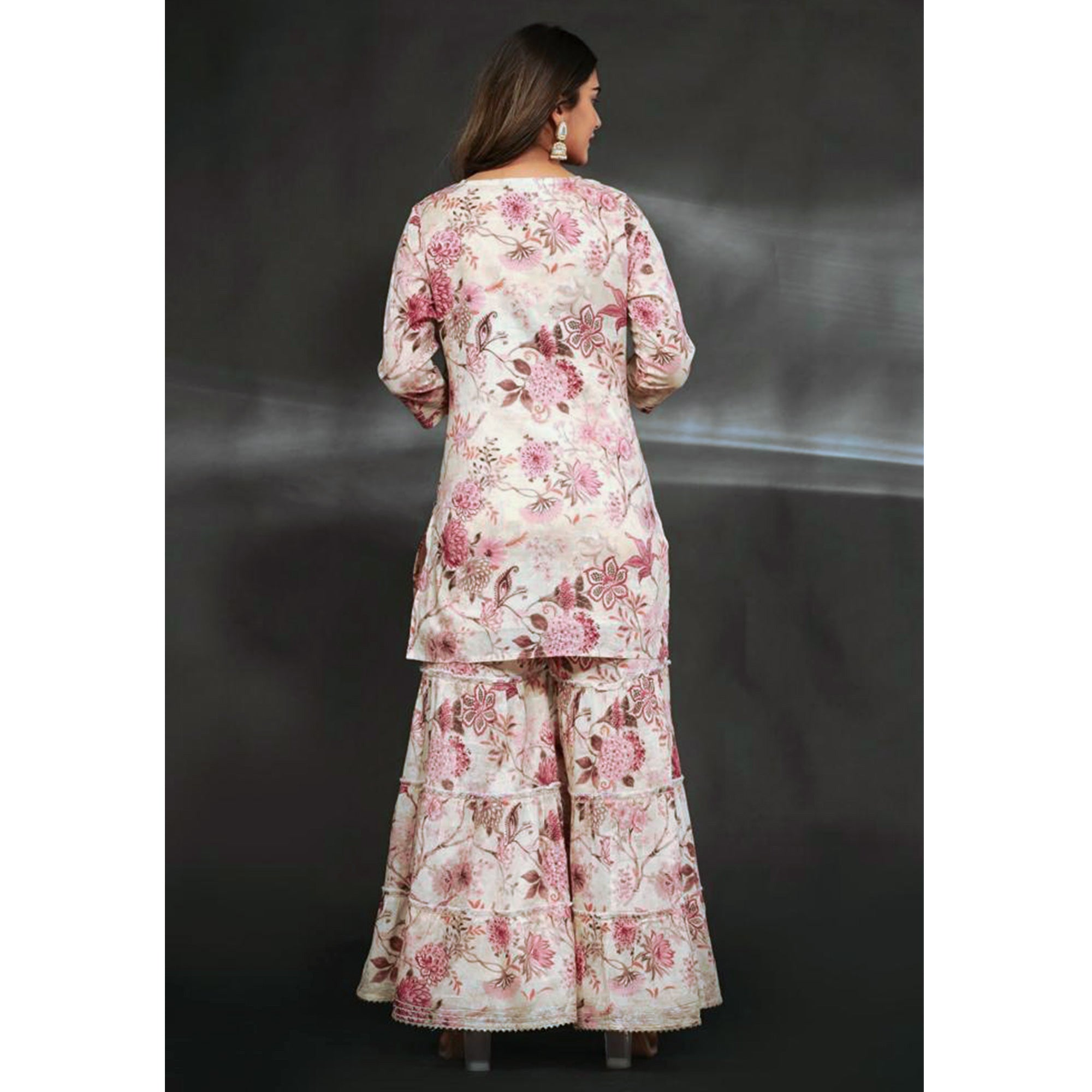 White & Pink Floral Printed Muslin Sharara Suit