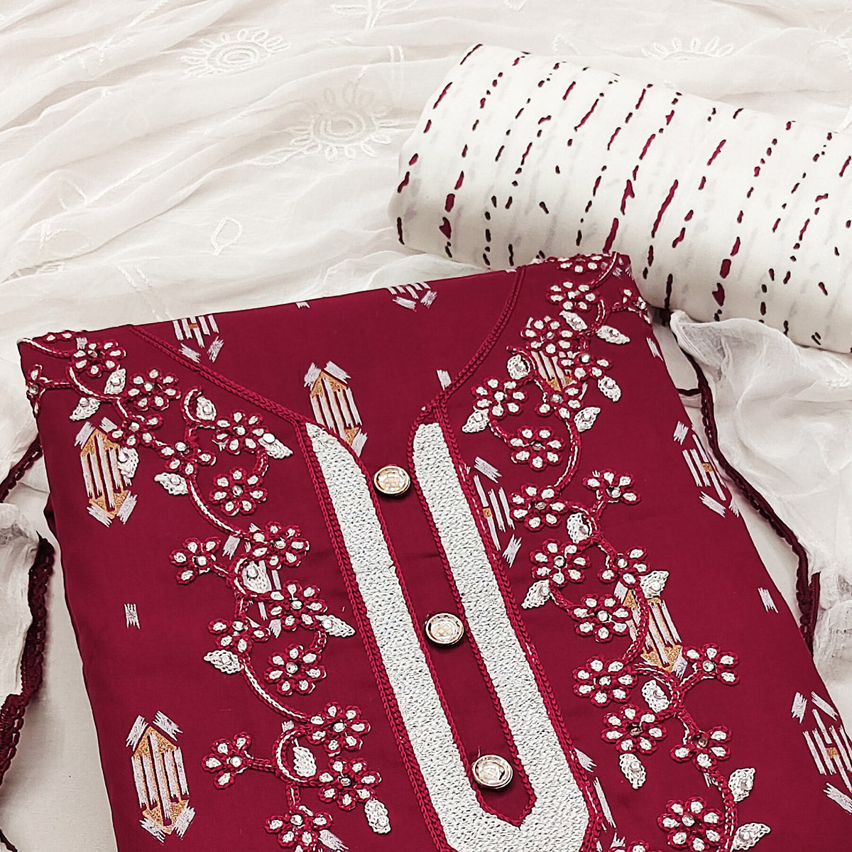 Maroon Printed With Embroidered Rayon Dress Material