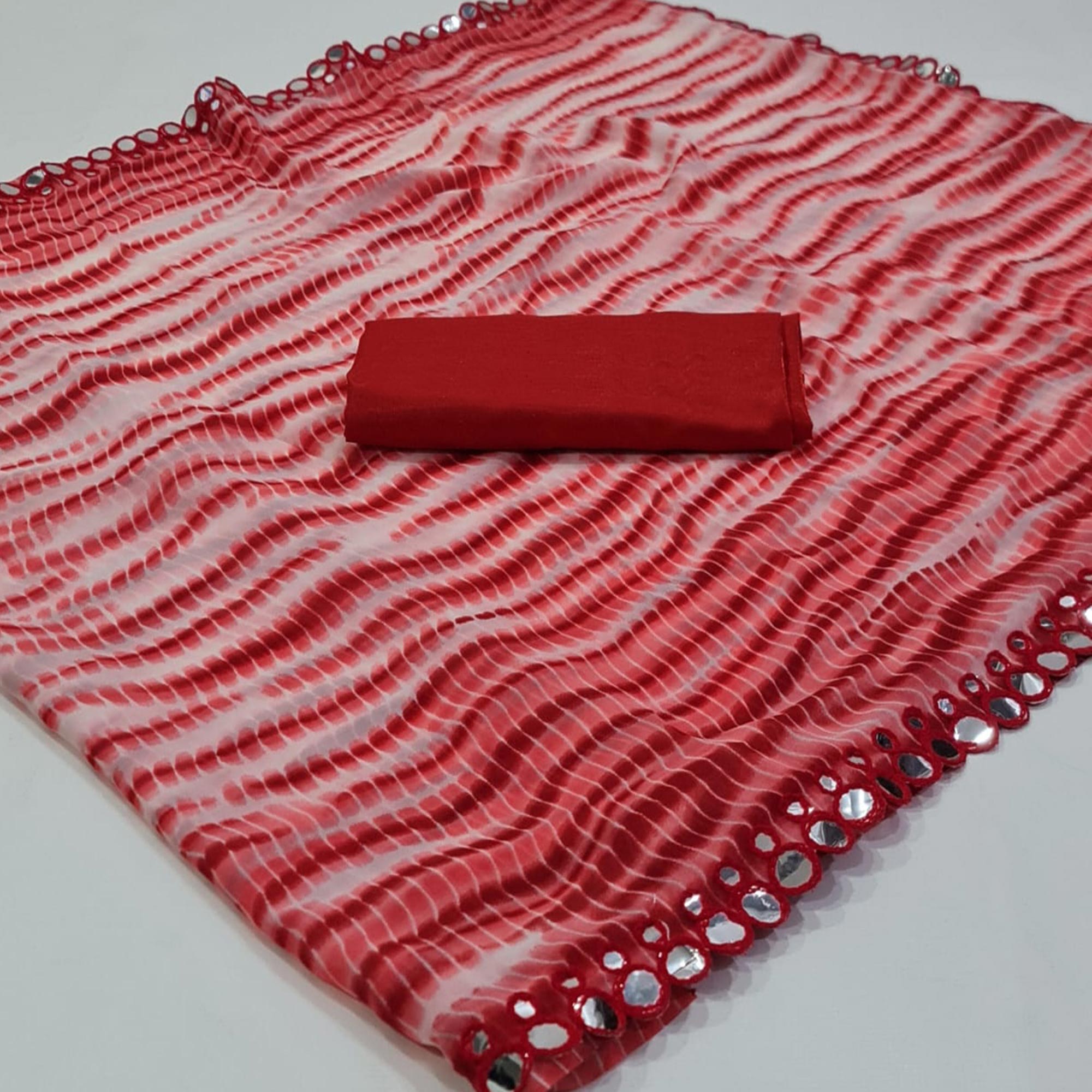 Red Printed With Fancy Mirror Georgette Saree