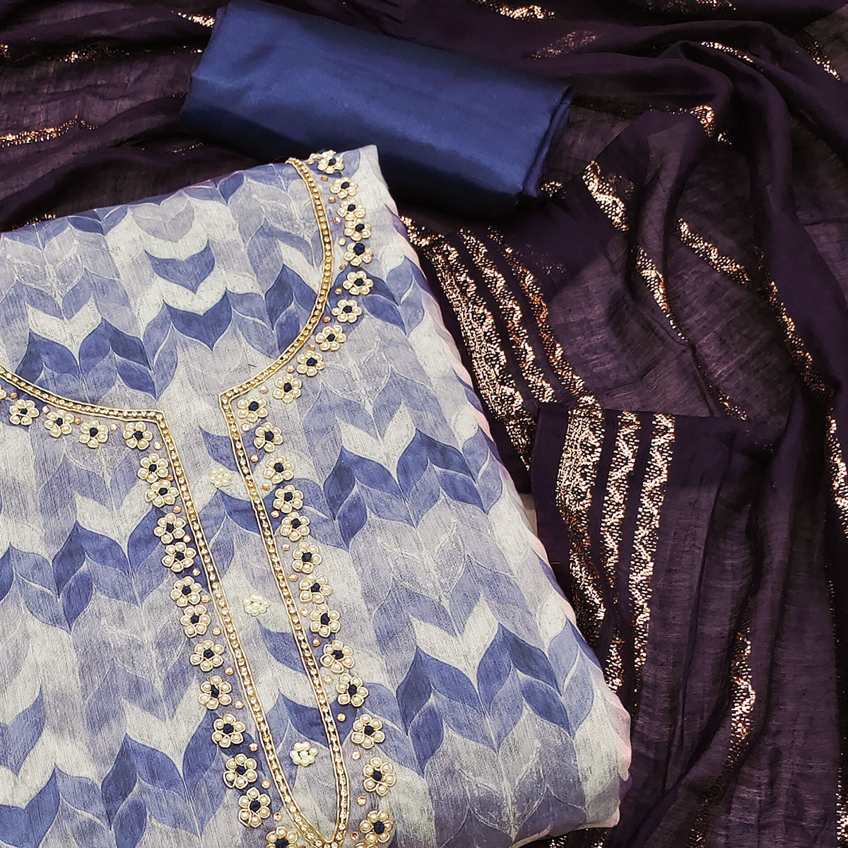 Blue Printed With Handwork Modal Dress Material