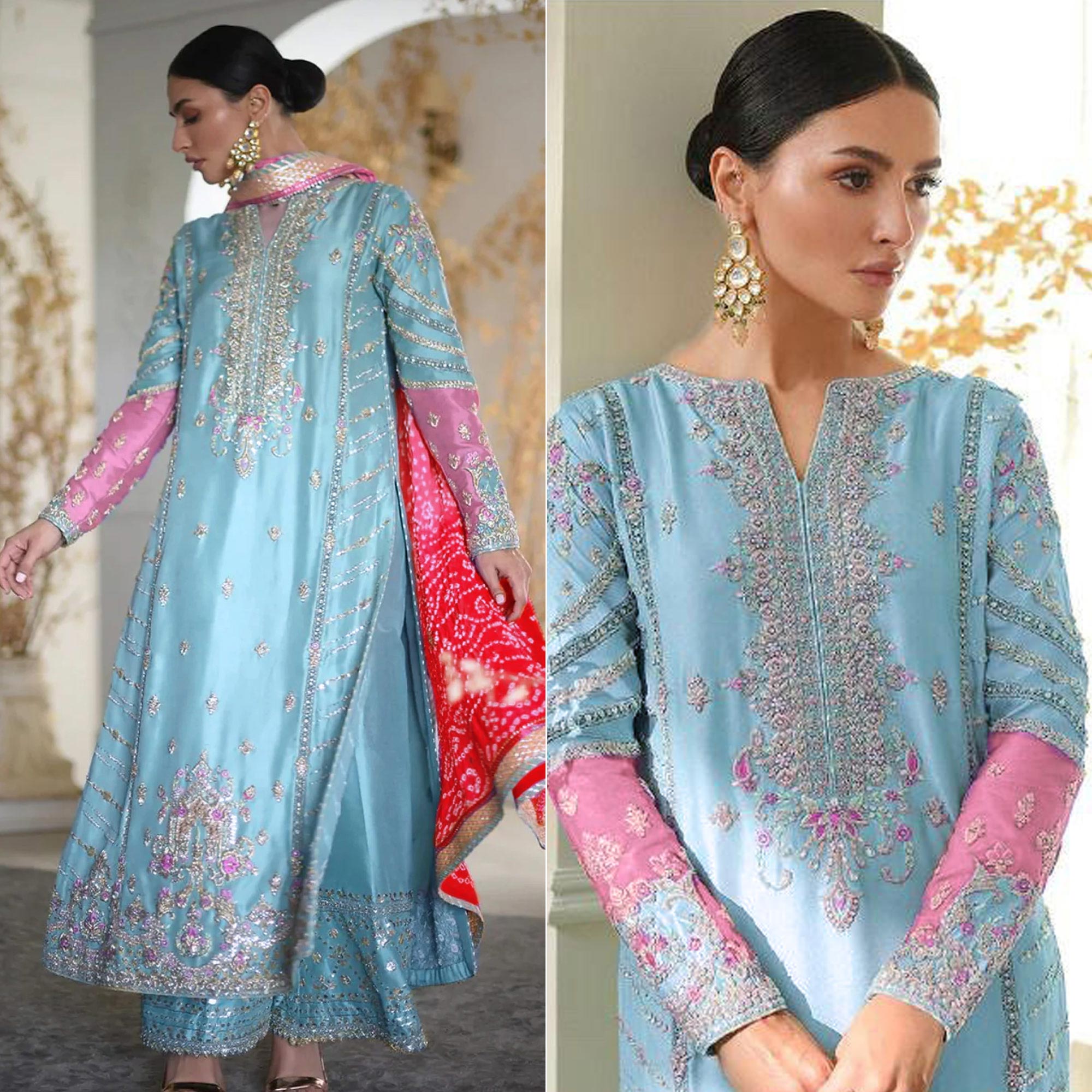 Blue Sequins Embroidered Georgette Pakistani Suit