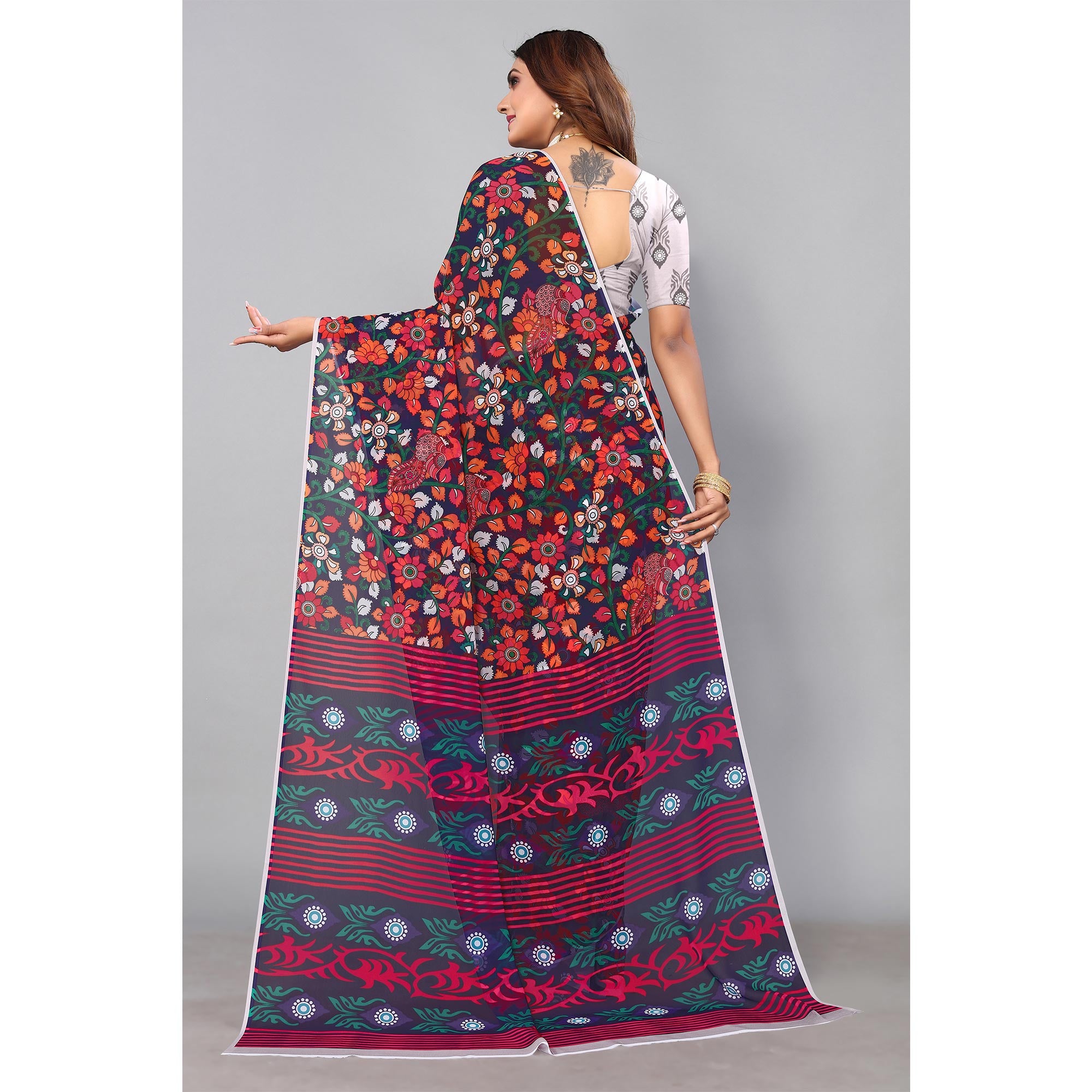 Navy Blue Digital Printed Georgette Saree