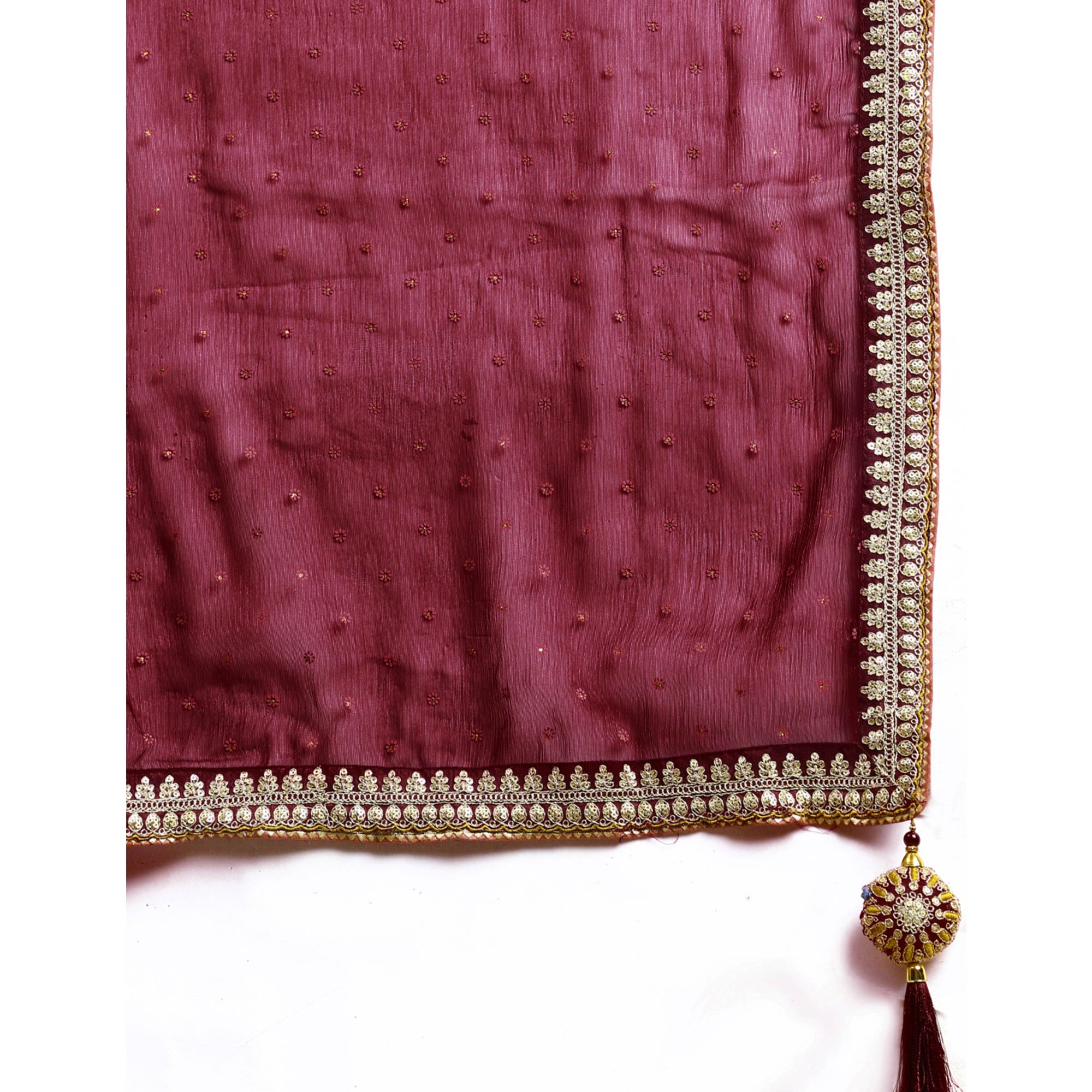 Maroon Foil Printed With Embroidered Border Chiffon Saree