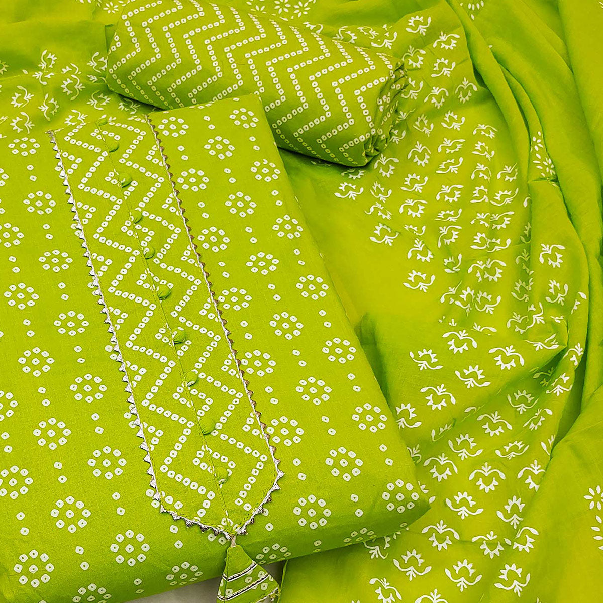 Green Bandhani Printed Pure Cotton Dress Material