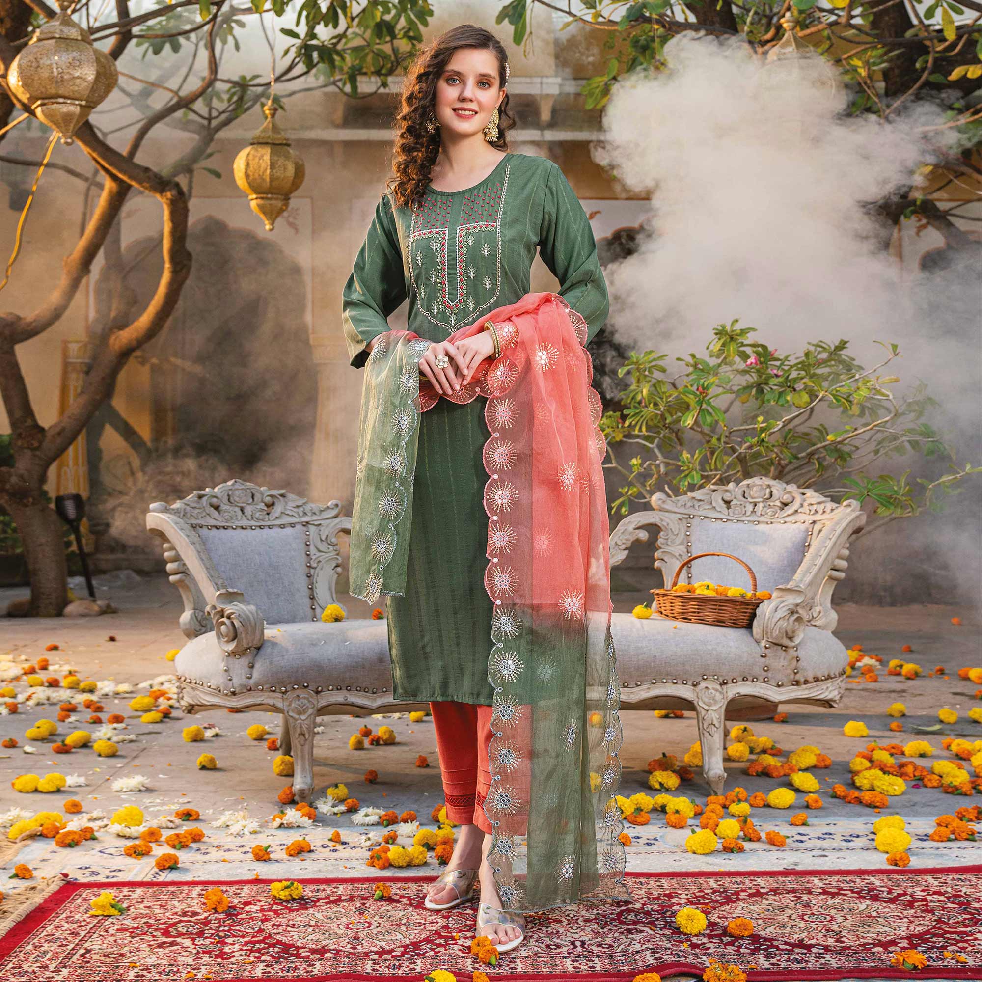 Green Embellished Viscose Salwar Suit