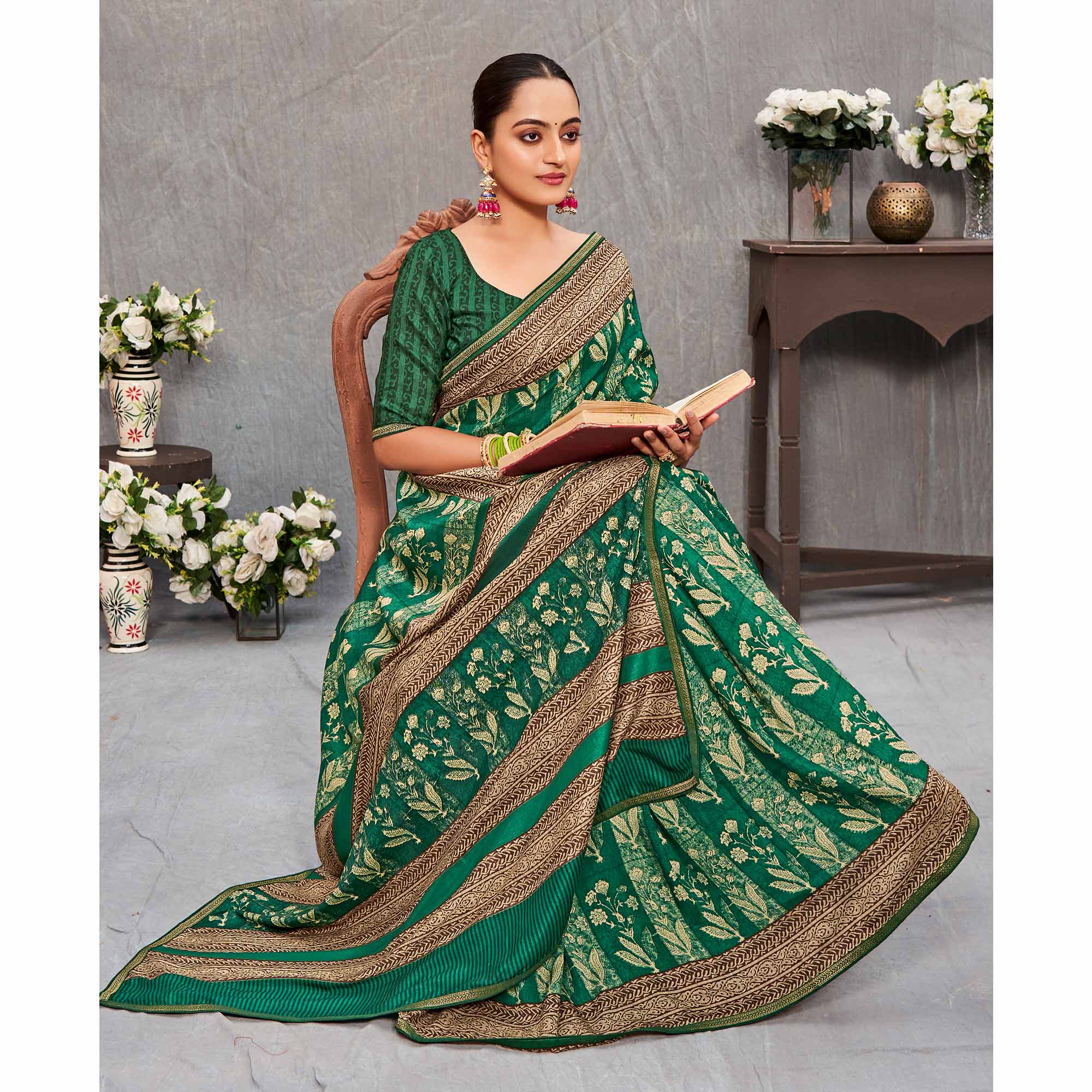 Green Floral Printed Tussar Silk Saree