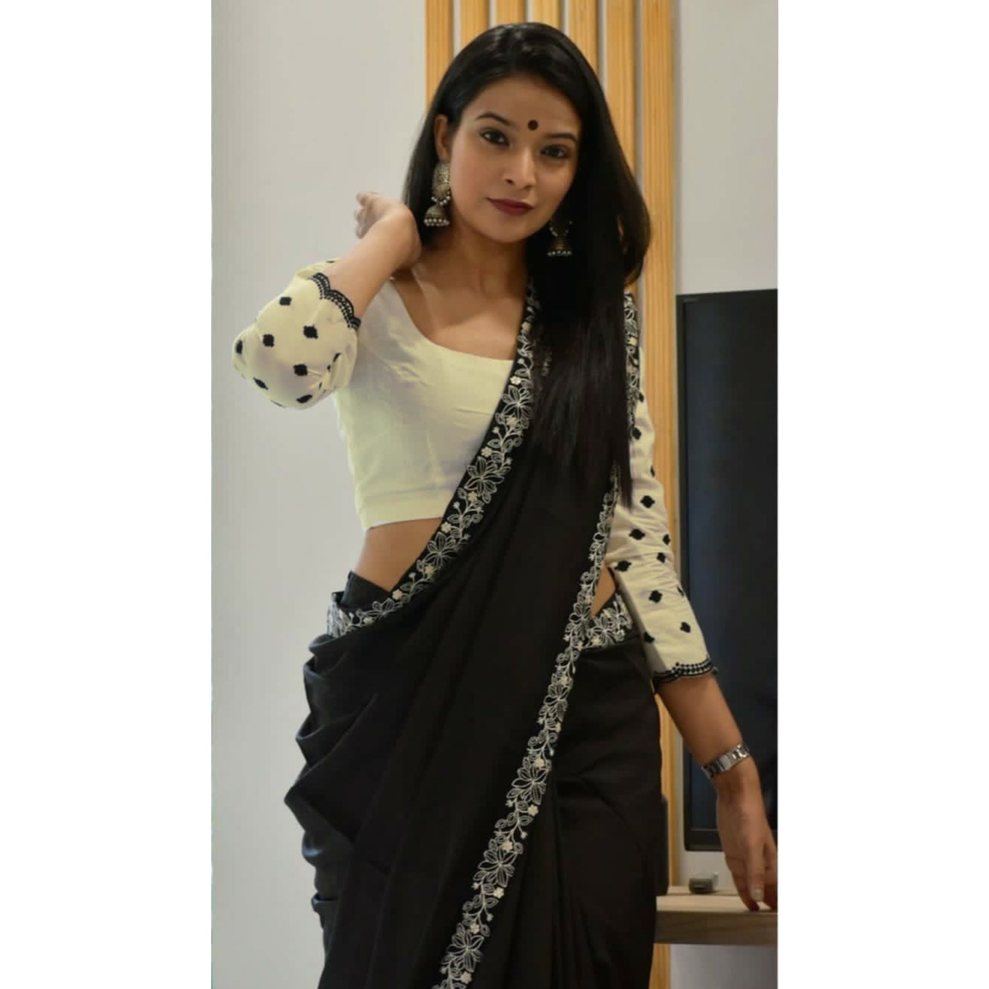 Black Floral Embroidered Border Art Silk Saree