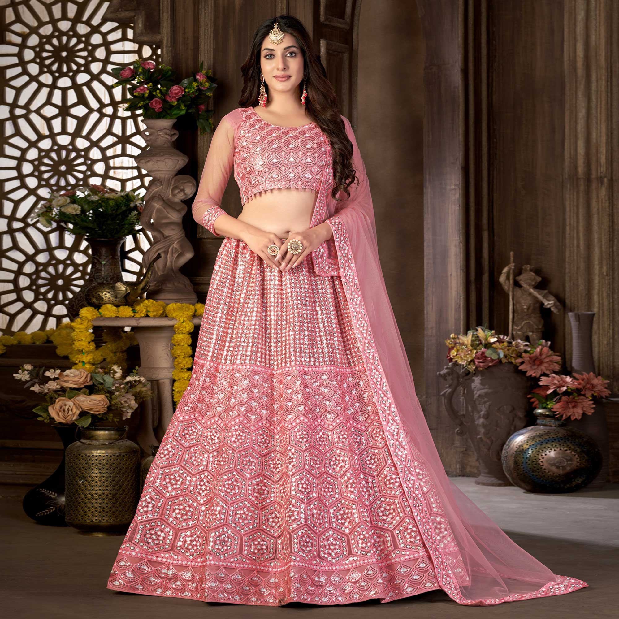 Pink Sequins Embroidered Netted Lehenga Choli