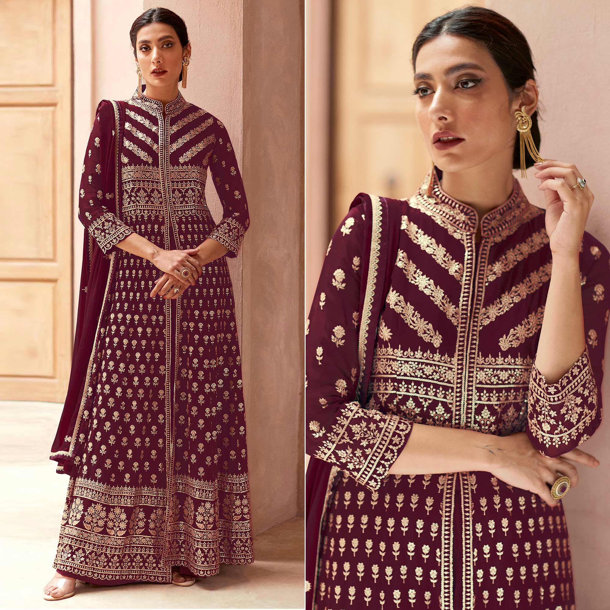 Maroon Floral Embroidered Georgette Palazzo Suit