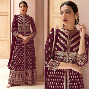 Maroon Floral Embroidered Georgette Palazzo Suit