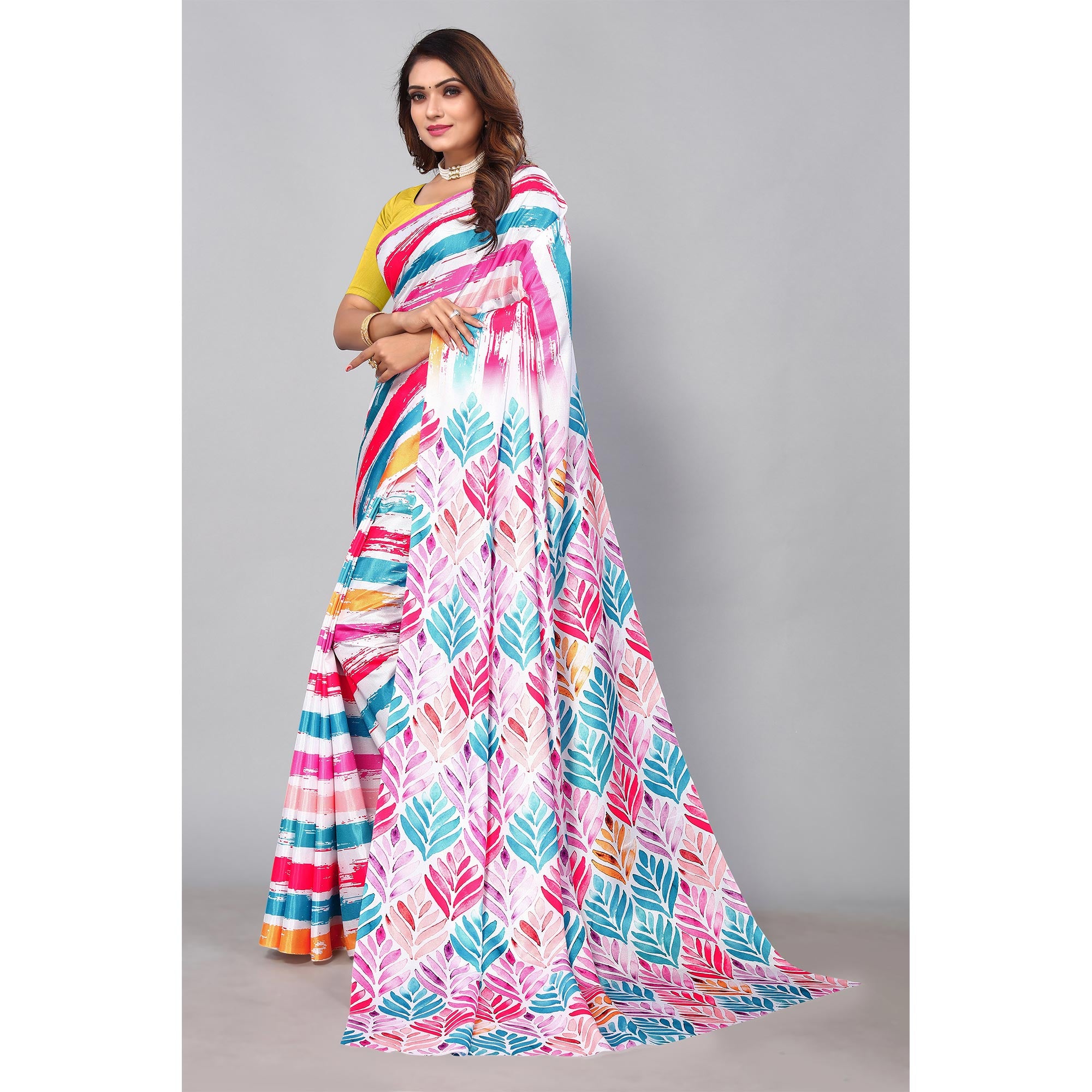 Multicolored Digital Printed Dola Silk Saree