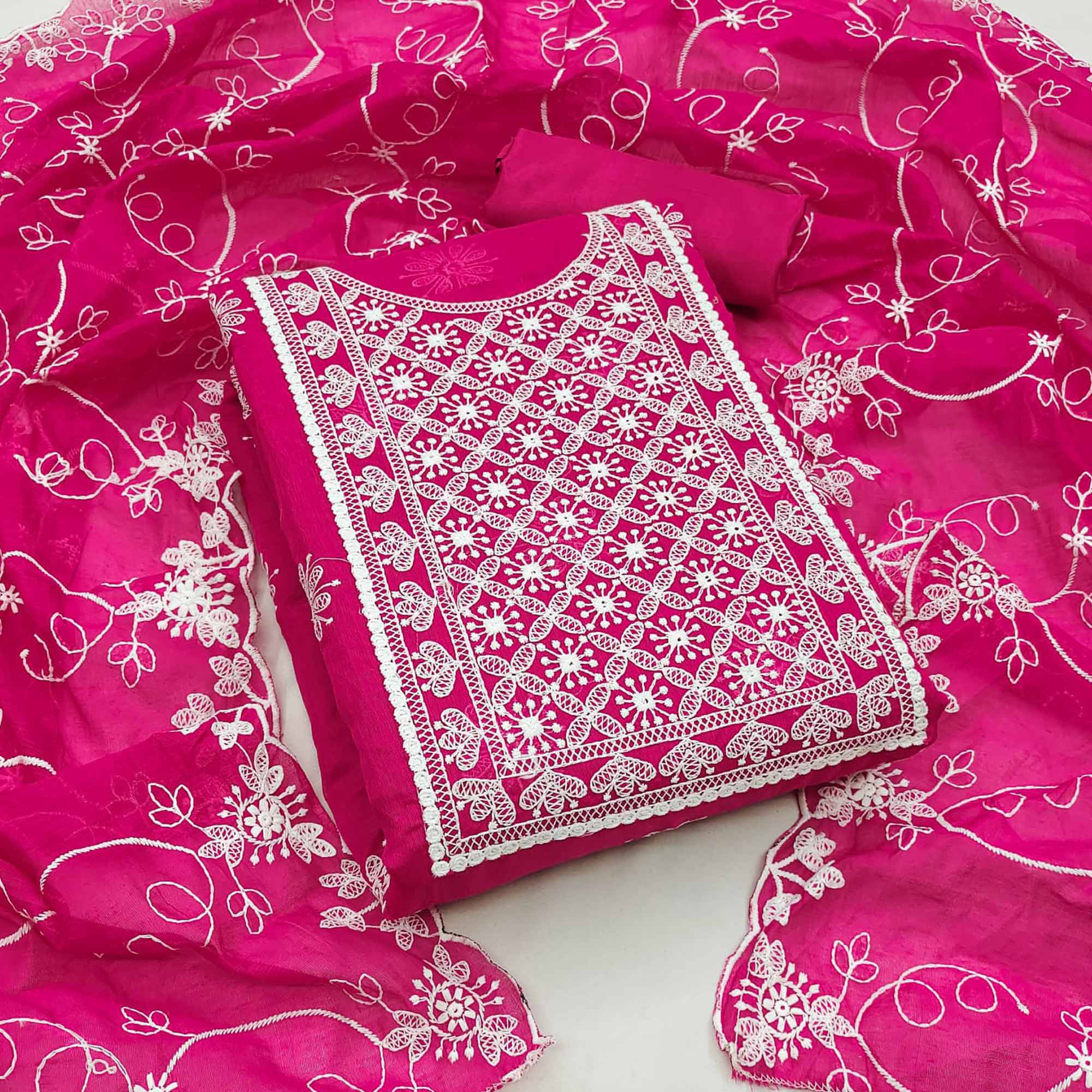 Rani Pink Floral Embroidered Chanderi Dress Material