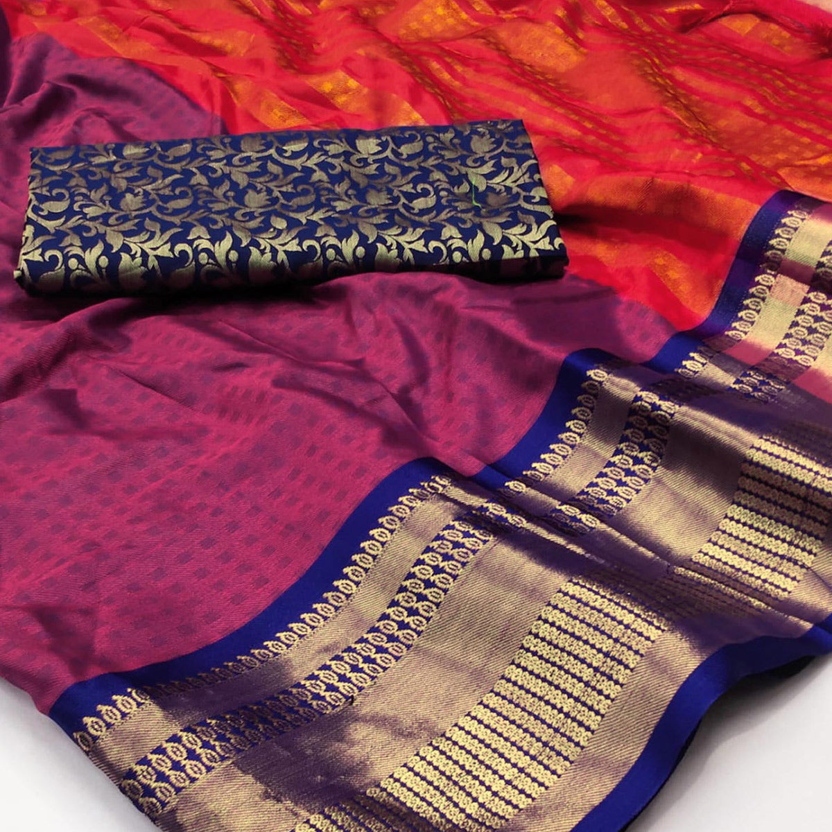 Red Woven Cotton Silk Saree With Tassels